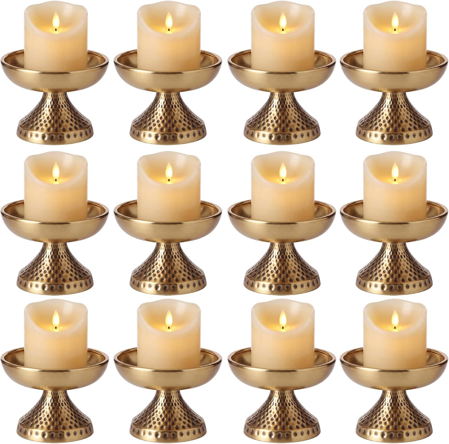 Set of 12 Gold Pillar Candle Holder, 3.5'' Decorative Antique Metal Candle Holders Vintage Centerpiece Dishes Pedestal Bowls for Wedding, Home, Dining Table, Fireplace Mantel, Shelf Decor