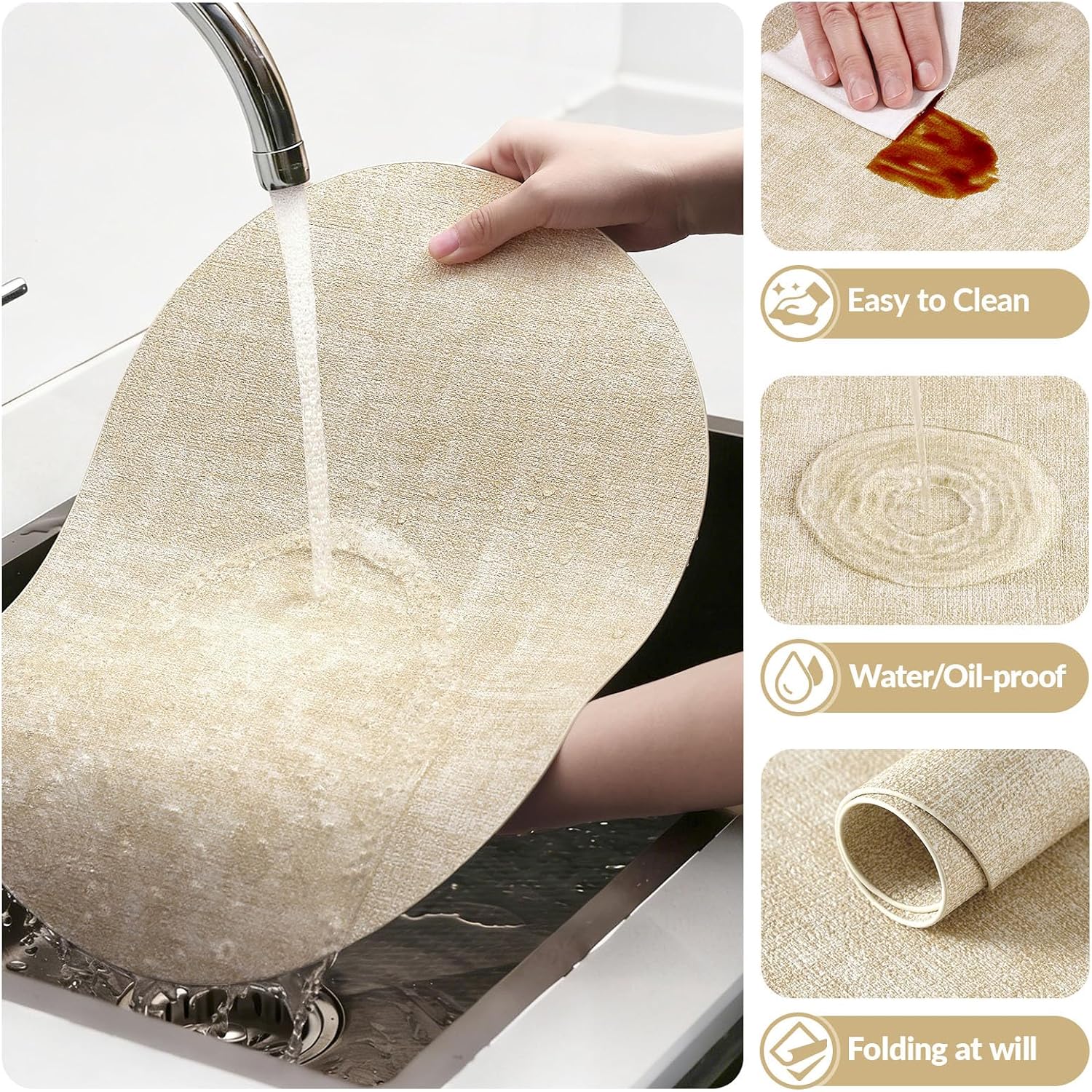 homing Placemats Set of 6, Heat Resistant Oval Faux Leather Place Mats 11.8 x 17 Inch, Waterproof Wipeable Reversible PU Placemat for Kitchen Dining Table, Indoor & Outdoor, Beige - Image 5
