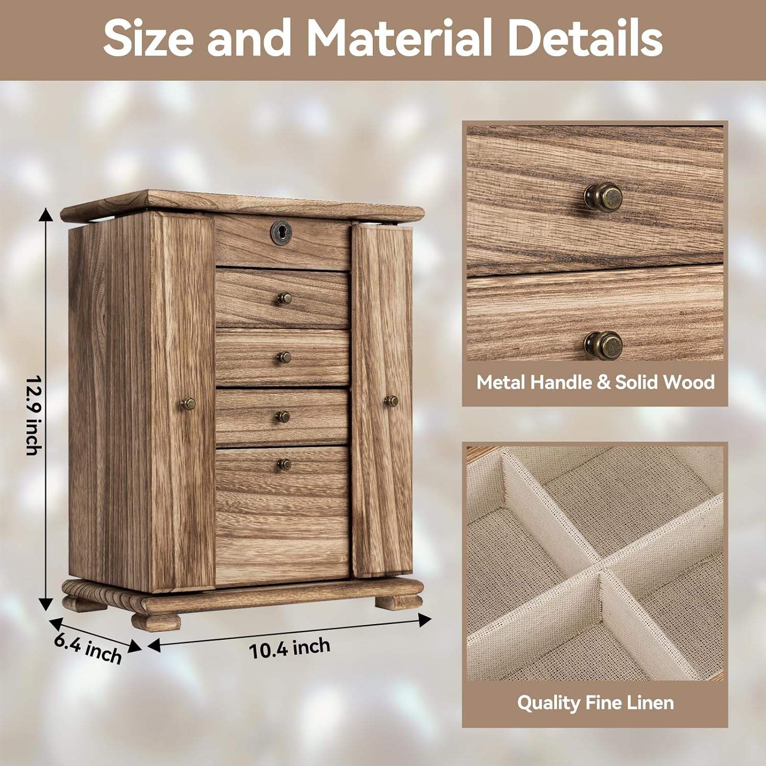 Miratino Jewelry Boxes for Women, 5 Layer Large Wooden Jewelry Organizer Box with Lock, Mirror & Drawers, Jewelry Boxes & Organizers for Necklaces Earrings Rings Bracelets (Rustic Brown) - Image 3