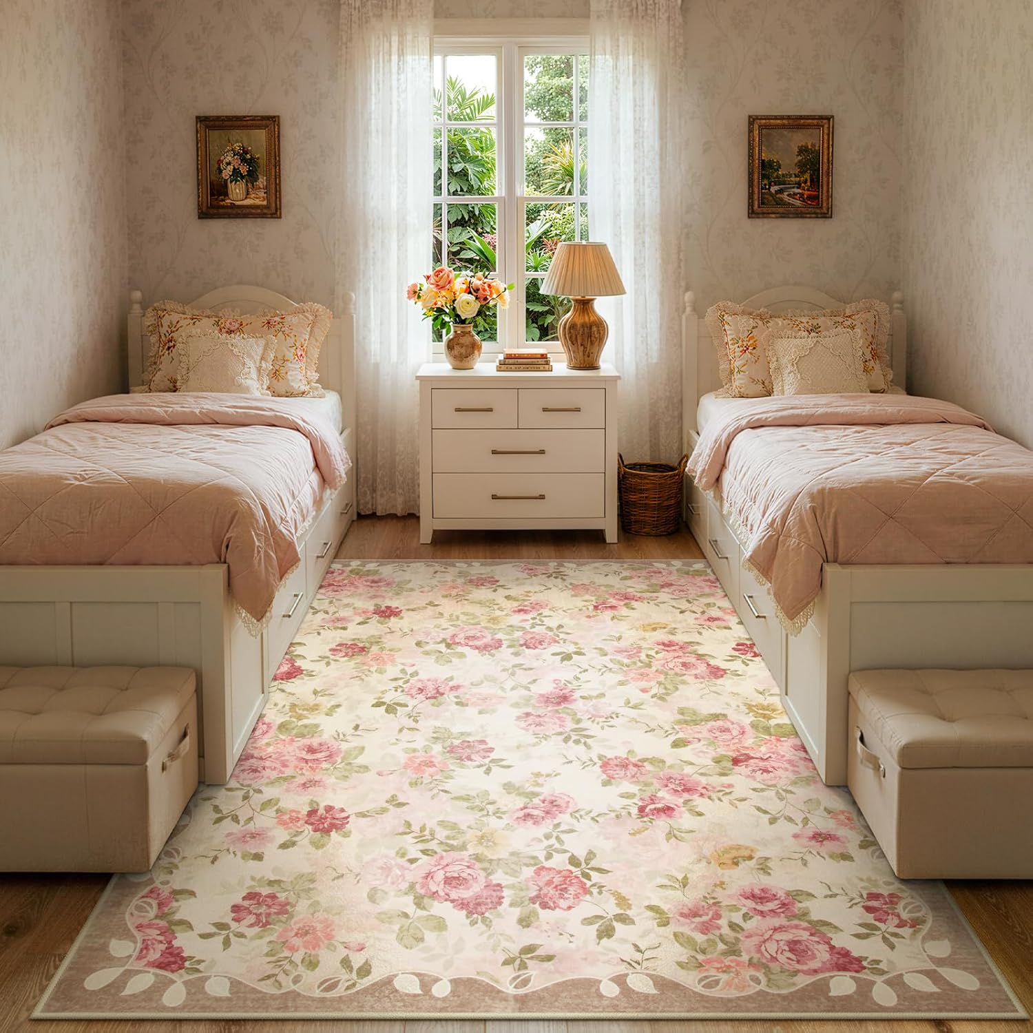 Lahome Floral Washable Rugs 5x7,Rugs for Living Room Pink Area Rug,Vintage Rugs for Bedroom Girls Non Slip Low Pile Ultra-Thin Large Carpet for Office Dining Room,Kids Playroom Nina (5'X7',Beige) - Image 2