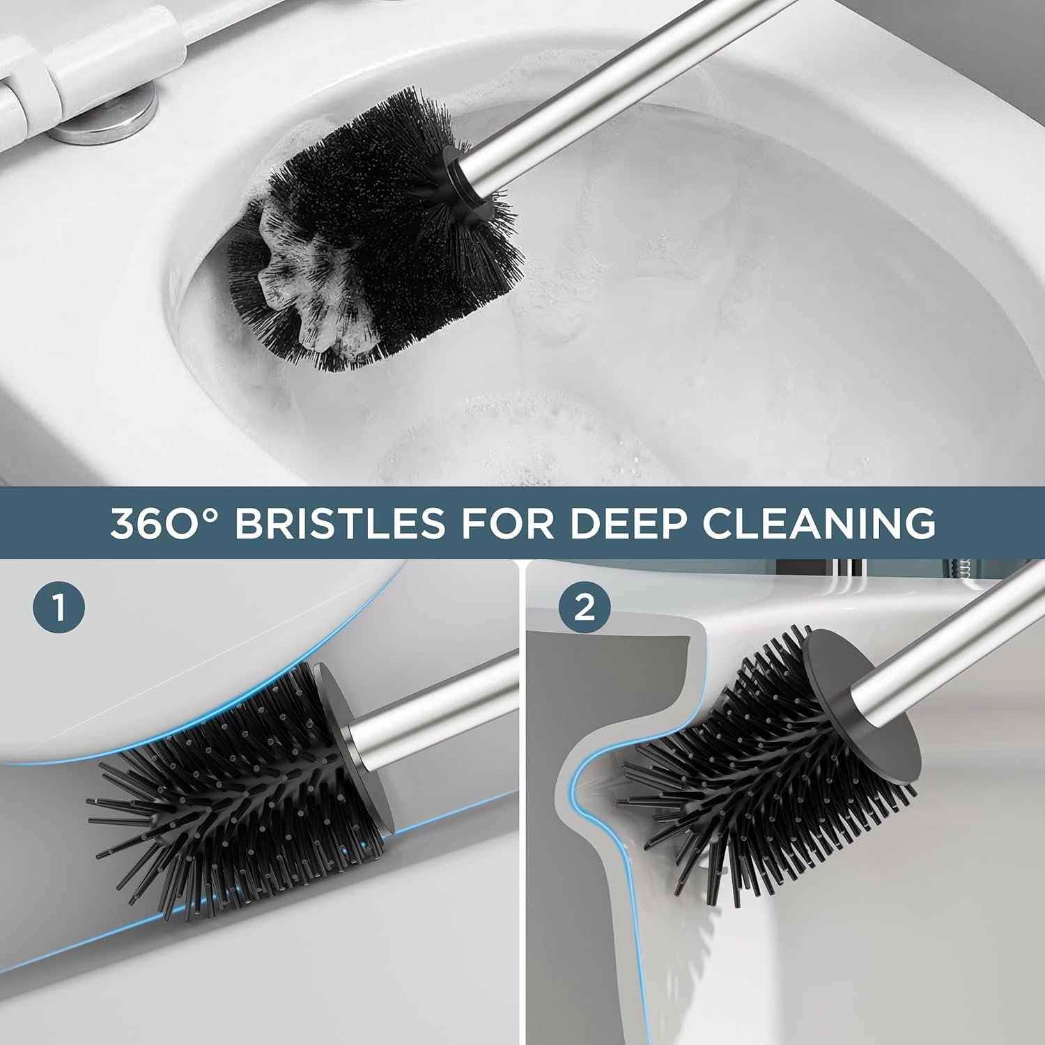 FORIOUS Toilet Brush and Holder Set, SUS304 Stainless Steel Square Base, Extended Long Handle, Drip-Proof & Space Saving, 2 Replaceable Brush Heads, Plastic & Silicone Dual Brush Head, Brushed Nickel - Image 5