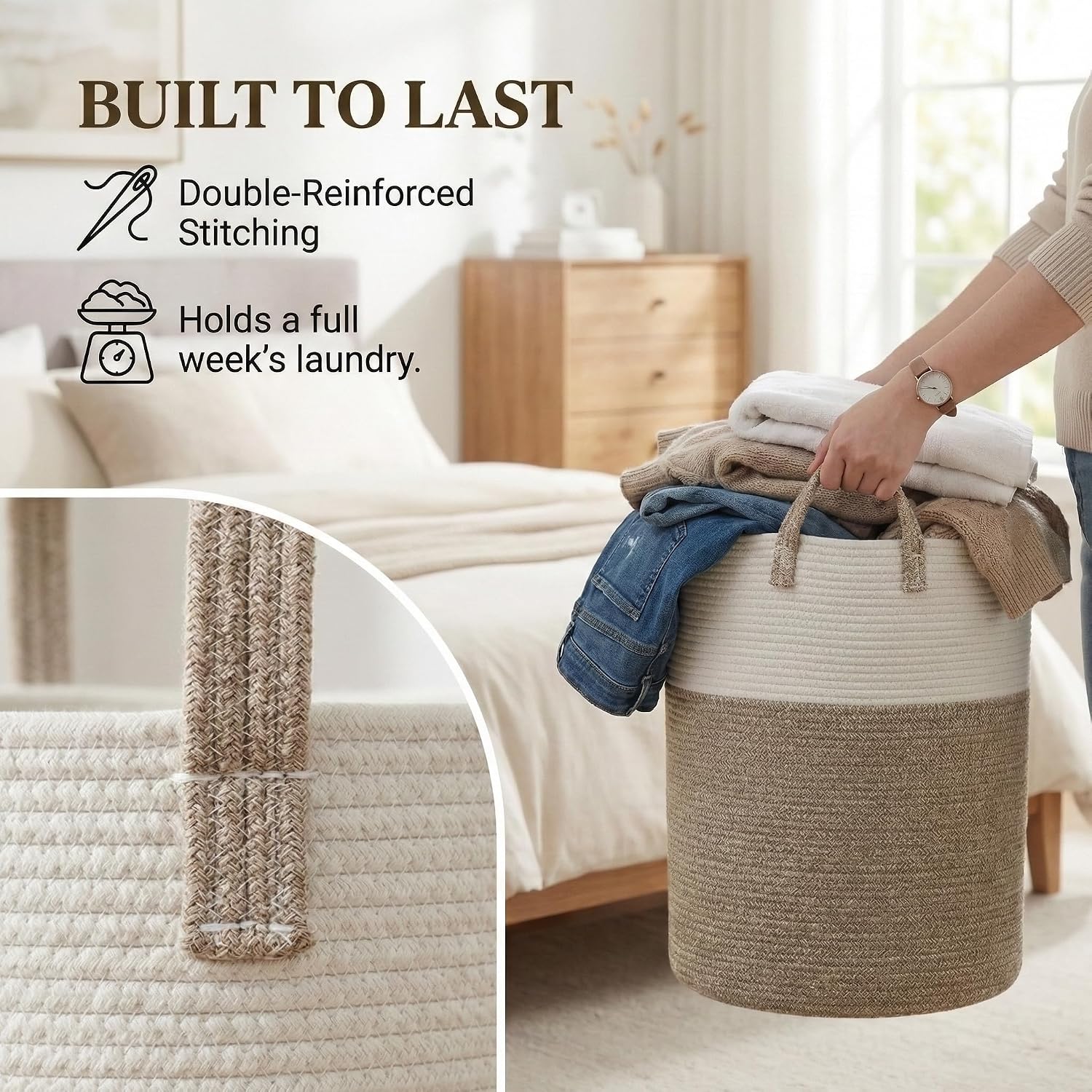JMvicyroam Large Woven Laundry Basket Hamper,60L Cotton Rope Storage Bin for Blankets,Toys and Clothes,Decorative Tall Nursery Hamper for Living Room,Baby Nursery,Bathroom and Bedroom,Brown - Image 6