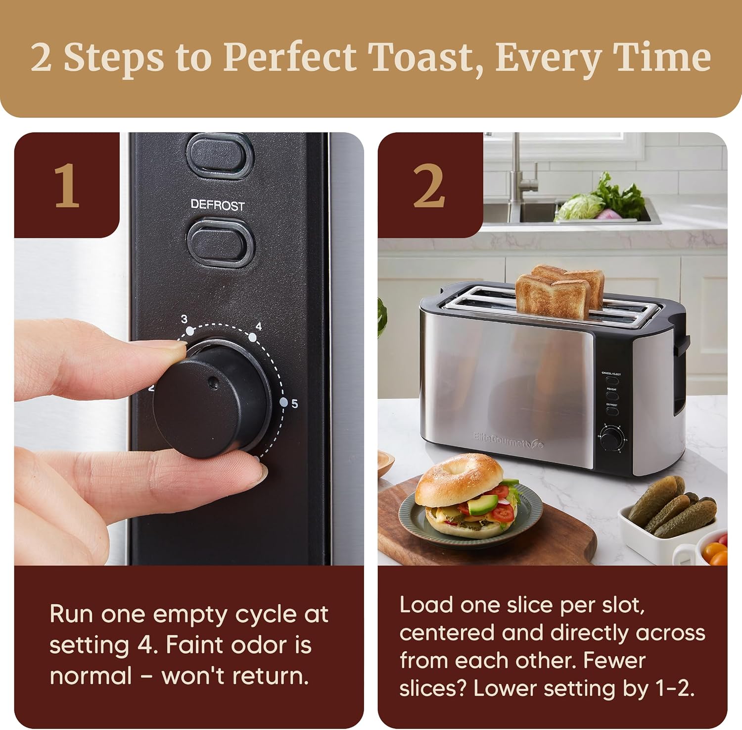 Elite Gourmet ECT-3100 4-Slice Long Slot Toaster | Extra Wide Slots for Bagels, Sourdough & Texas Toast | 6 Browning Settings | Reheat, Defrost & Cancel | Built-In Warming Rack | Stainless Steel - Image 8