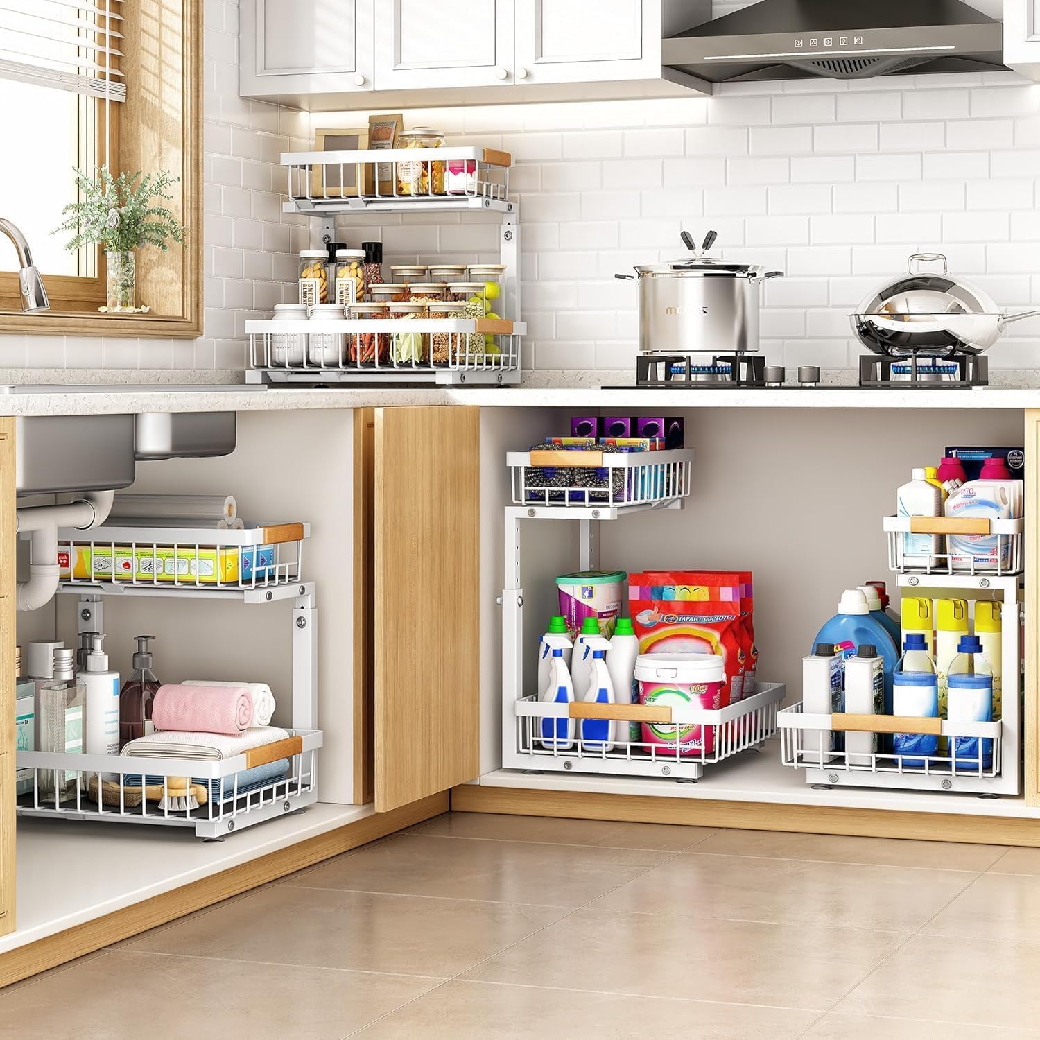 PXRACK Under Sink Organizer, Adjustable Height, 2 Tier Pull Out Under Cabinet Organizer, Slide Out Thickened Metal Under Sink Storage for Kitchen Bathroom Laundry Pantry Cabinet, White, Large-2-Pack - Image 7