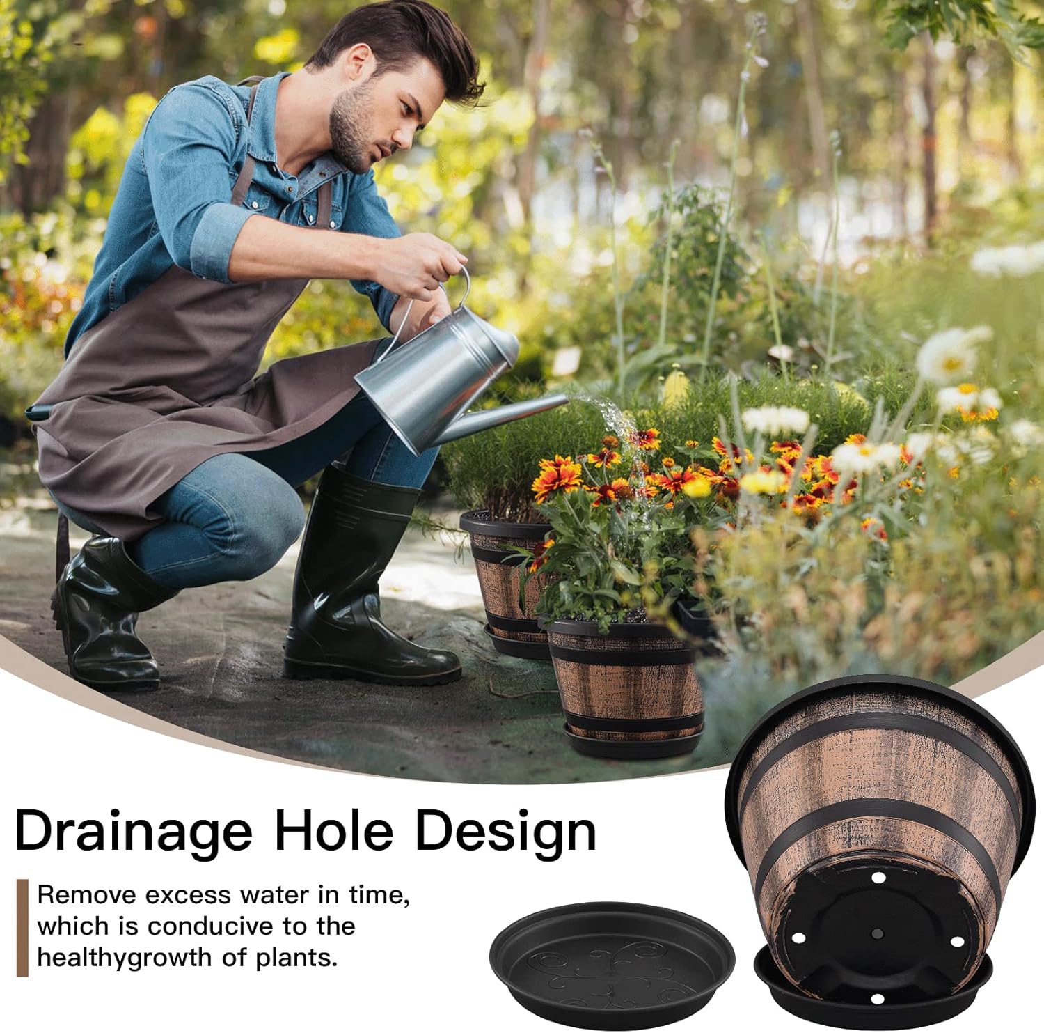 Quarut 3 Pack 10 inch Plant Pots,Whiskey Barrel Planters with Drainage Holes & Saucer, Plastic Decoration Flower Pots Imitation Wine Barrel Design, for Indoor & Outdoor Garden Home Plants (Brown) - Image 3