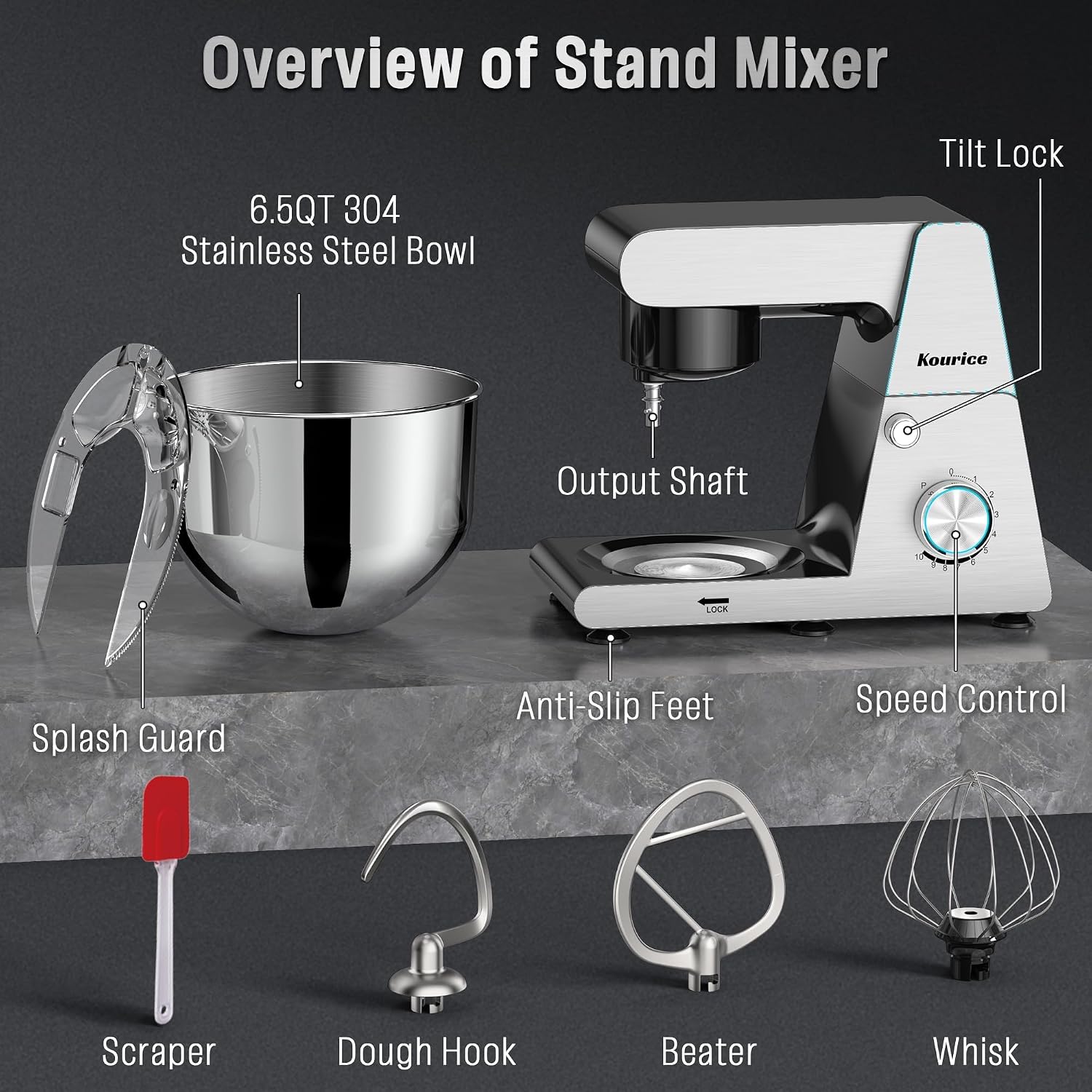 6.5QT Tilt-Head Stand Mixer, Heavy Duty Pro 10-Speed Electric Mixer, Stainless Steel Cladding & Bowl with Dough Hook, Wire Whisk and Flat Beater for Home Baking, Bread, Cake, Pizza Dough - Image 8