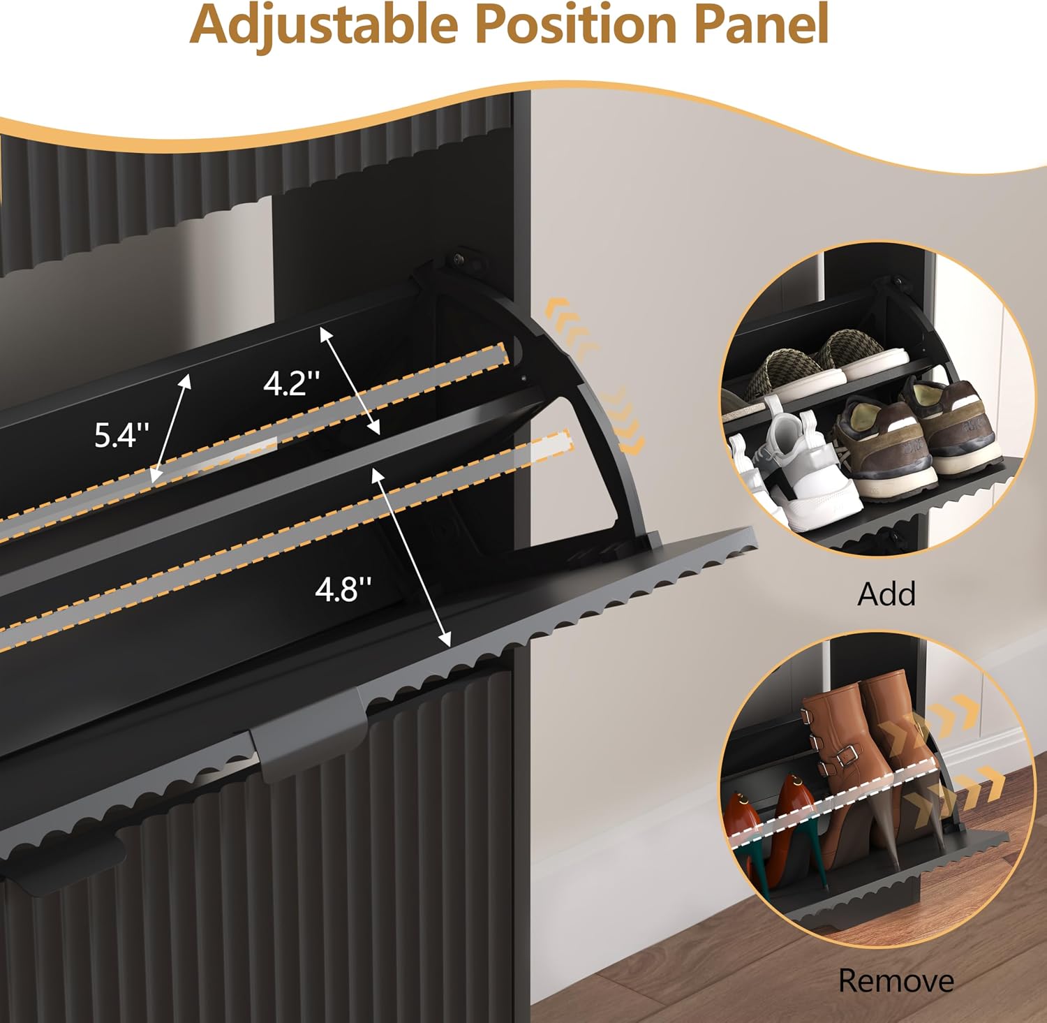HUANLEGO Shoe Cabinet Storage for Entryway with 4 Flip Drawers, Black Fluted Shoe Cabinet with Bench, Wooden Hidden Shoe Rack Freestanding Narrow Slim Shoes Storage Organizer for Hallway, Entrance - Image 6