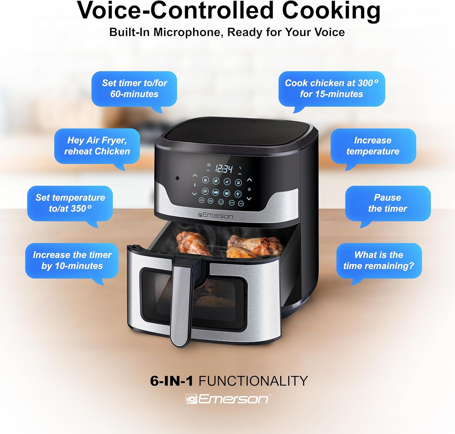 Emerson SmartVoice 5.3QT Air Fryer, 1000+ Voice Commands, 6-in-1 Digital Cooker, Compact Countertop Design, Oil-Free Healthy Cooking, Easy-Clean Nonstick Basket, 1500W - Image 4