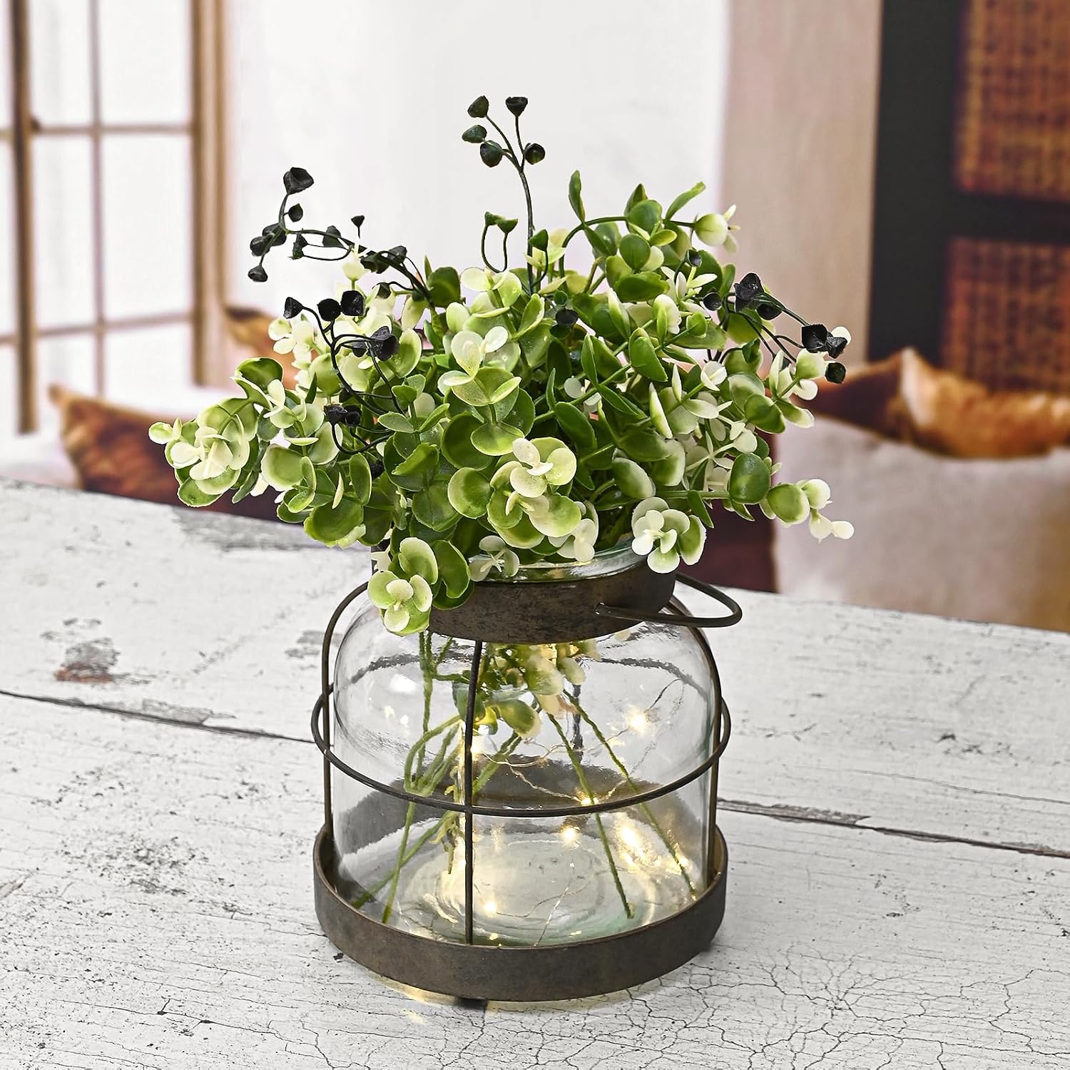 Vintage Glass Farmhouse Vase, Rustic Lantern Decor with Plants Flowers Lights Vintage Style Vases for Home Decor Floral Arrangement Hostess Gift - Image 5