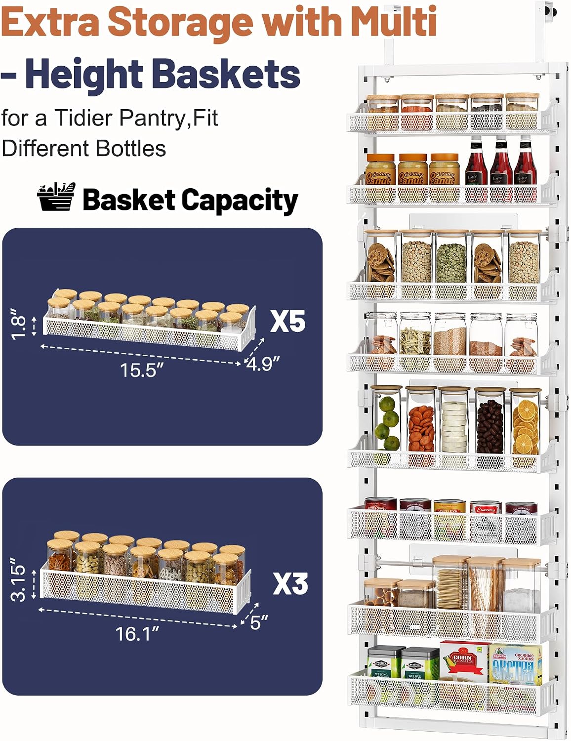 8 Tier Pantry Door Organizer, 2 IN 1 Over the Door Pantry Organizer with Metal Adjustable Baskets,Spice Rack Wall Mount or Door Organizer, Door Spice Rack for Pantry - Image 3