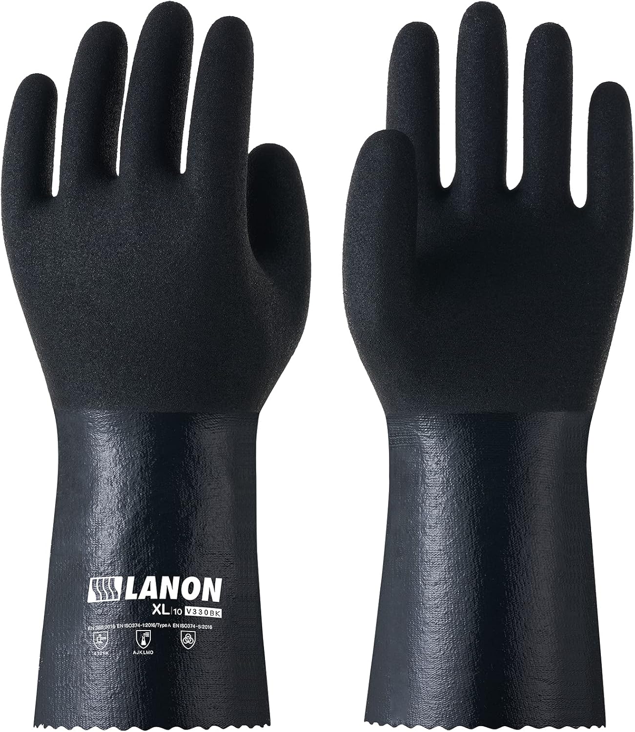 LANON Nitrile Chemical Resistant Gloves, Reusable Heavy-Duty Rubber Gloves with MicroFoam Textured Palm, Acid, Alkali and Oil Protection, Black, Large