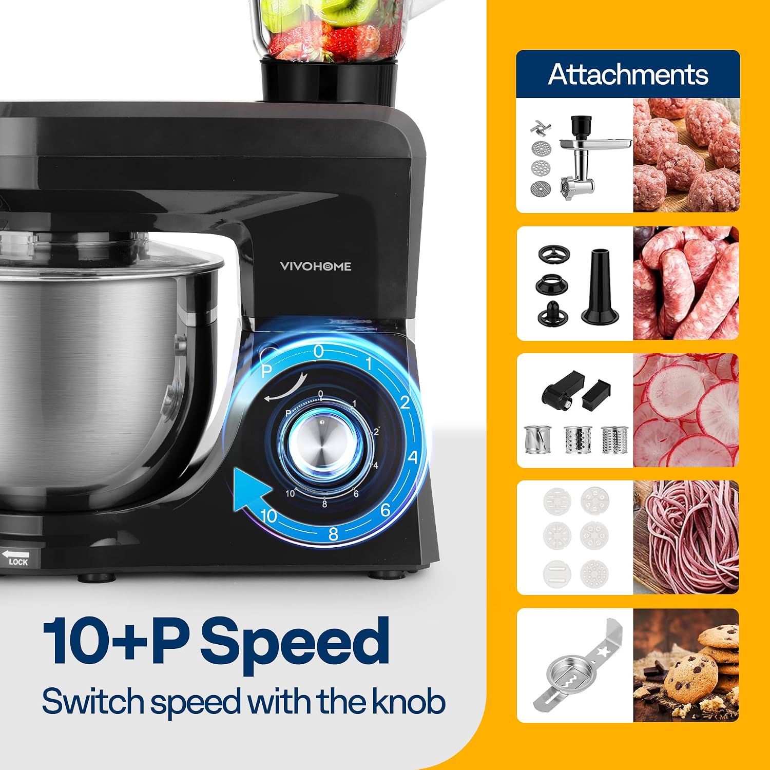 VIVOHOME 6-in-1 Stand Mixer, 8.5 Quart Electric Tilt-Head Kitchen Mixer with Bowl, Multifunctional Food Mixer for Cake, Bread, and Dough, with Meat Grinder, Blender, Pasta Maker Attachments, Black - Image 2