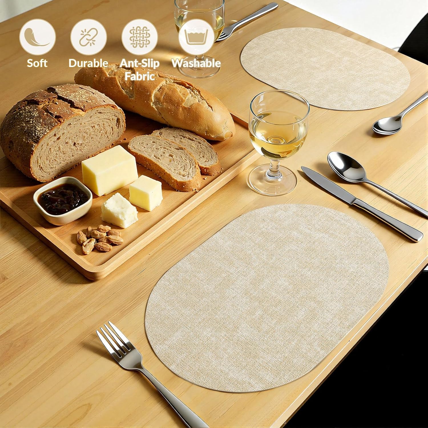 homing Placemats Set of 6, Heat Resistant Oval Faux Leather Place Mats 11.8 x 17 Inch, Waterproof Wipeable Reversible PU Placemat for Kitchen Dining Table, Indoor & Outdoor, Beige - Image 6