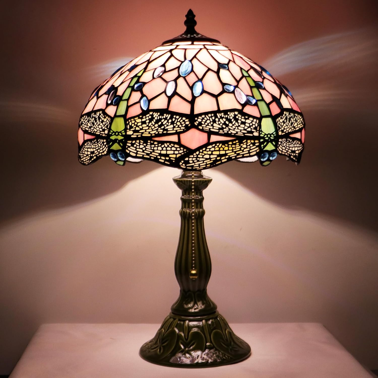 Tiffany Style Stained Glass Table Lamp 18.5 Inch - Pink Dragonfly | 12X12X18.5 Inch, E26 Bulb Base,Pull Chain Switch, Ceramic Base, Bedside, Bedroom, Living Room, Office, Reading Light, - Image 2