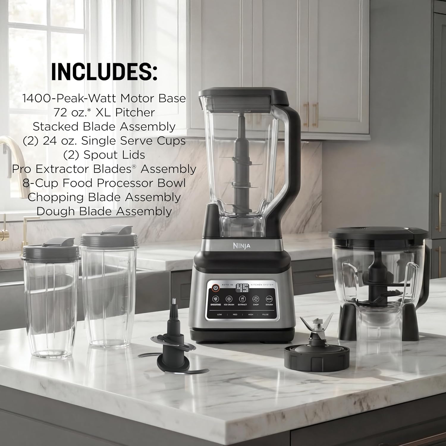Ninja BN801 Professional Plus Kitchen System, 1400 WP, 5 Functions for Smoothies, Chopping, Dough & More with Auto IQ, 72-oz.* Blender Pitcher, 64-oz. Processor Bowl, (2) 24-oz. To-Go Cups, Grey - Image 7