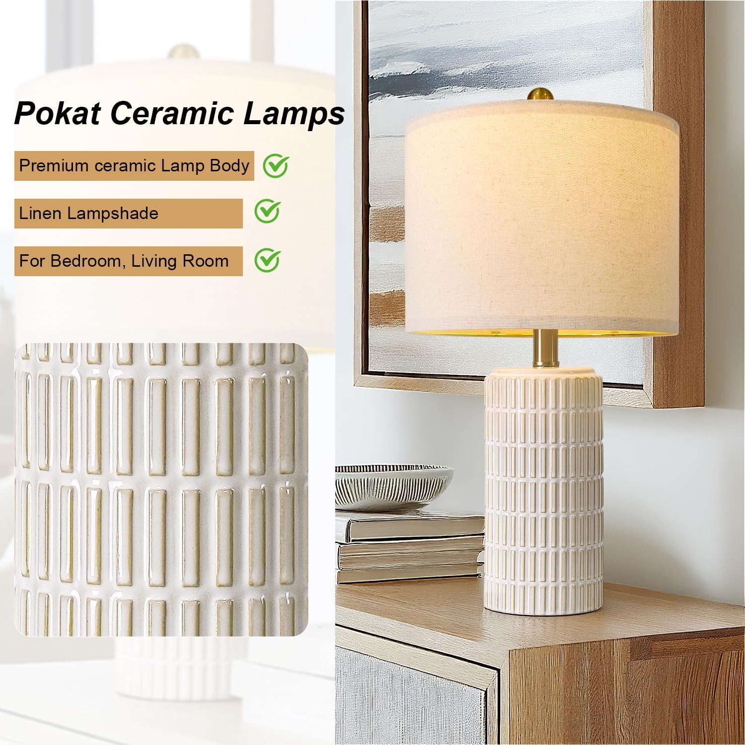 PoKat 20.75" Small Modern Ceramic Table Lamps Set of 2 for Bedroom, White Bedside Lamps for Night Stands, Farmhouse Desk Home Decor Gift Nightstand Table Lamps for Living Room End Table Beige - Image 6
