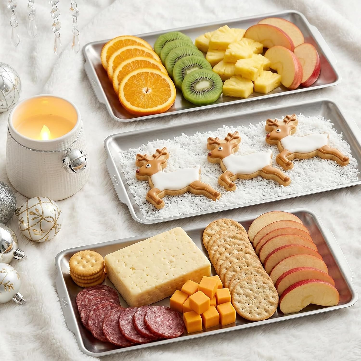 ZENFUN 3 Packs 304 Stainless Steel Serving Platters, Rectangle Metal Dinner Plates with Handles, Decorative Organizer Trays for BBQ, Dining, Party, Buffet, Appetizer Serving(12.6" x 6.3") - Image 8