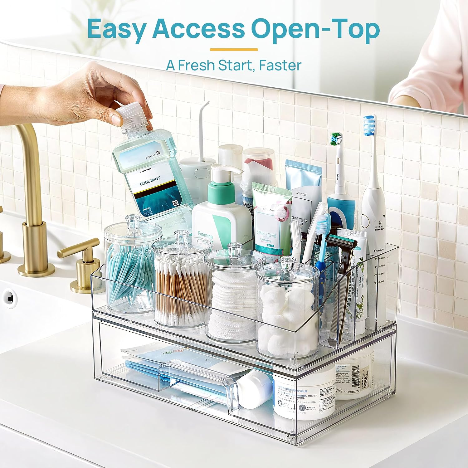 Vtopmart 6 PCS Bathroom Countertop Organizer, 1 Divided Tray with 4 Qtip Holder Jars and 1 Drawers, Restroom Clear Organizers for Toothbrush, Cotton Pads, Vanity Accessories Storage Set - Image 4