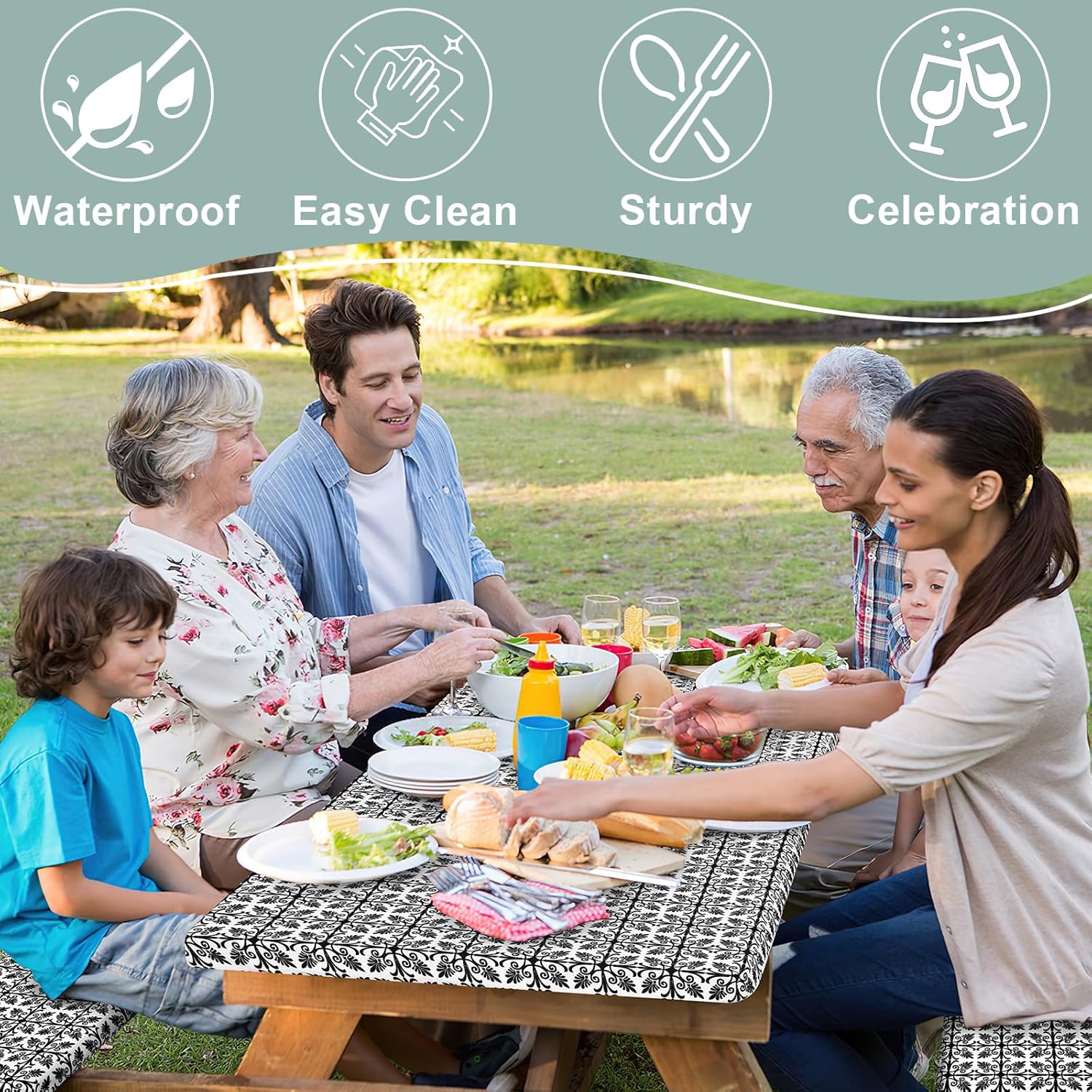 misaya Picnic Table Cover with Bench Cover, Waterproof Elastic Fitted Tablecloth for 6 Foot Tables, Rectangle Washable Polyester Tablecloths for Picnic, Camping, Outdoor (Black, 30" x 72") - Image 6