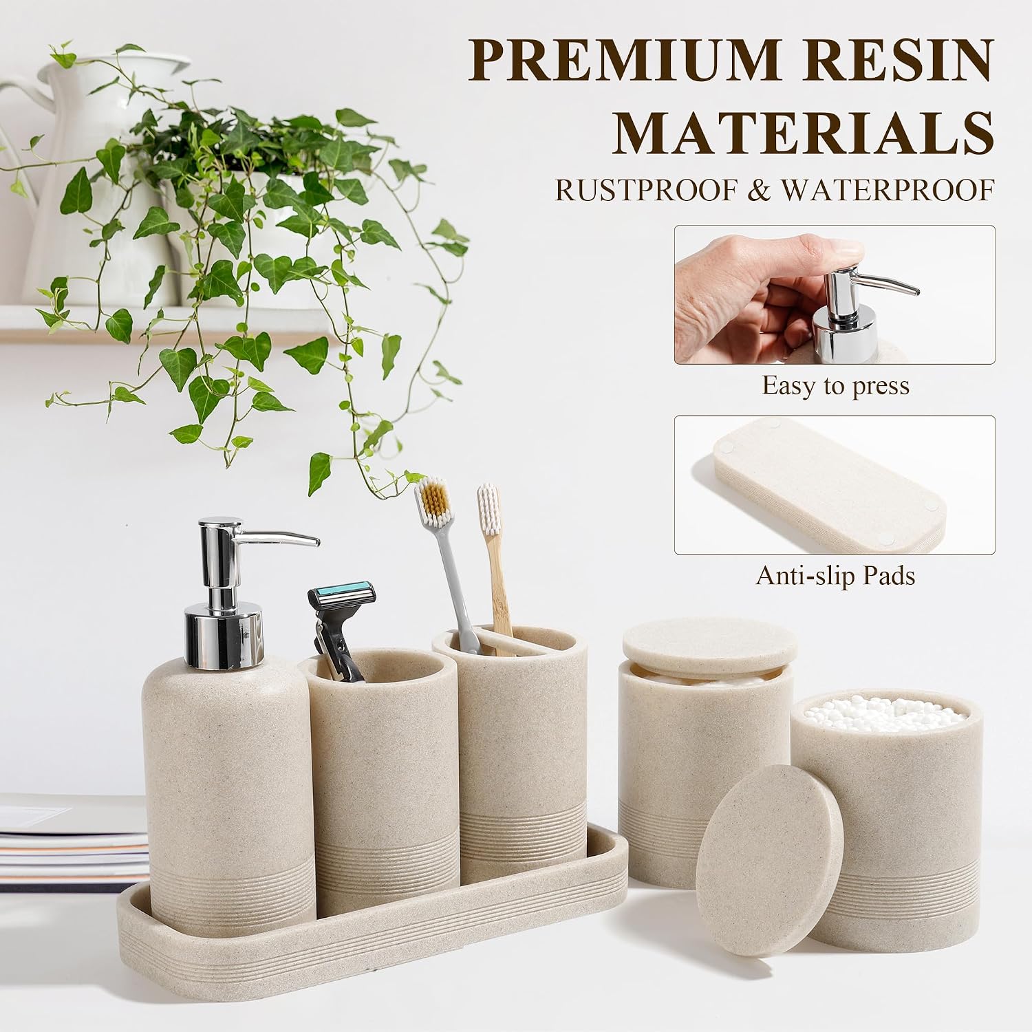 Bathroom Accessories Set, 6-Piece Bathroom Accessory Set, Toothbrush Holders Set, Soap Dispenser, Vanity Tray, Tumbler, Cotton Swab Jars, Bathroom Organizer for Modern Bathrooms(Beige) - Image 5