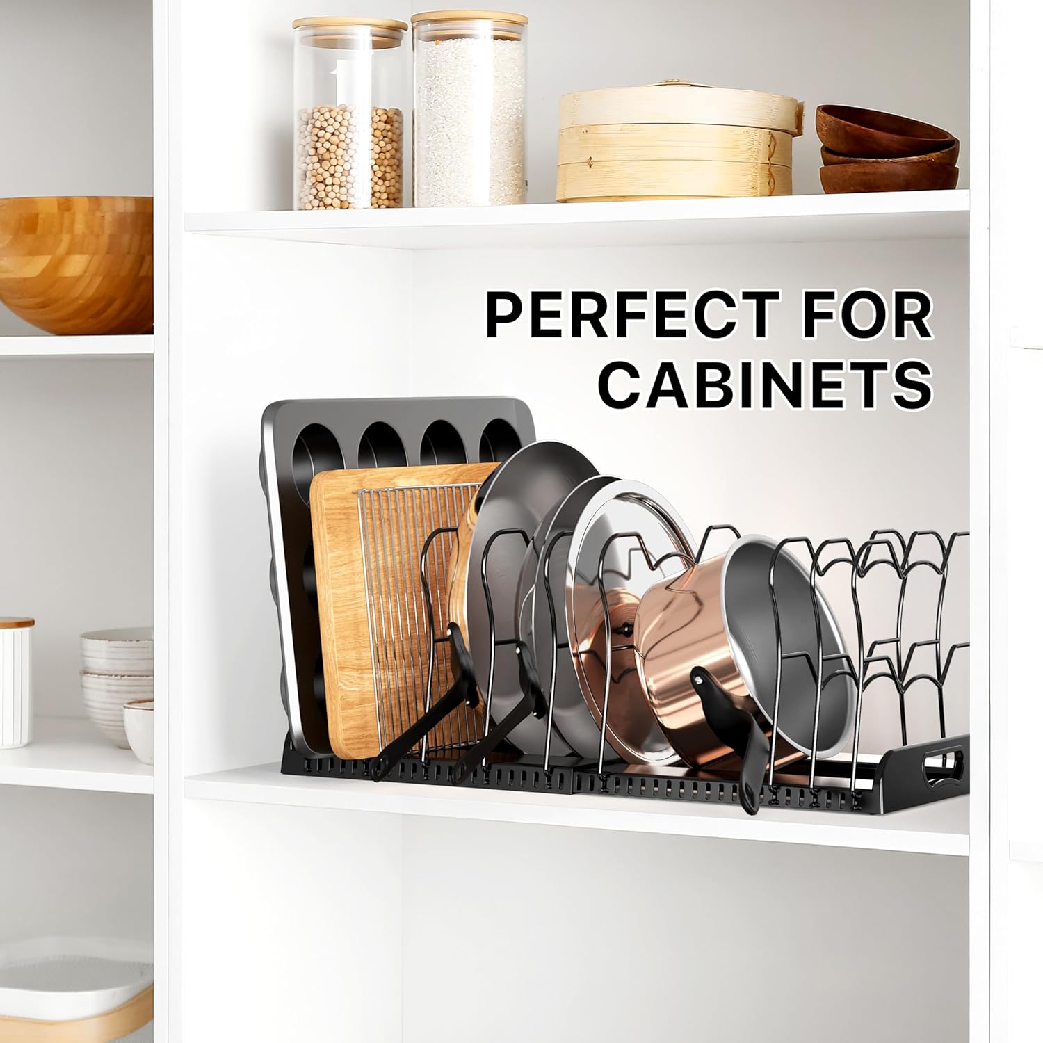 Simple Houseware Expandable Pan Organizer Rack, 10 Adjustable Compartments, Black - Kitchen Cabinet Organizer for Pots, Pans, Lids & Bakeware - Pantry & Countertop Storage - Image 6