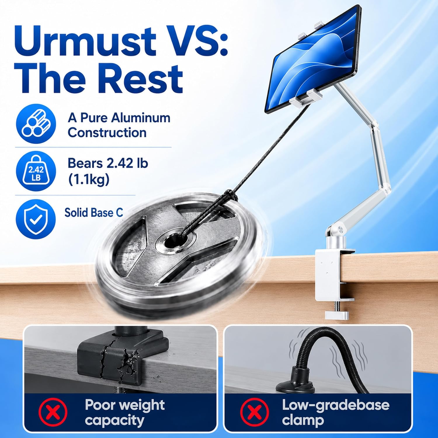 Urmust Portable Monitor Stand 15.6", iPad Stand for Desk, Portable Monitor Holder up to 18.5" Adjustable Desktop Tablet Arm Mount, iPad Holder for Desk, for 4.7"-12.9" i Pad Pro/Air/Mini Silver - Image 6