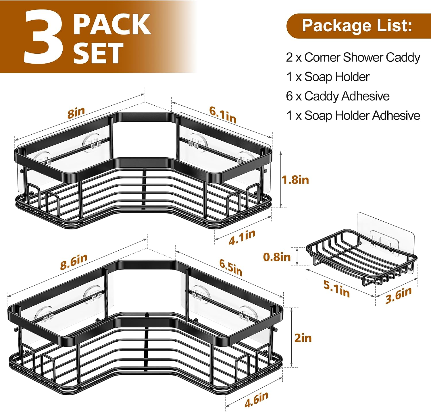 MAXIFFE 3 Pack Corner Shower Caddy with Soap Holder, Large Capacity Sturdy Easy Install No Drilling Stainless Steel Hold 40 LBS Shower Organizer Shelves Rack Storage for Family Renters Bathroom, Black - Image 8
