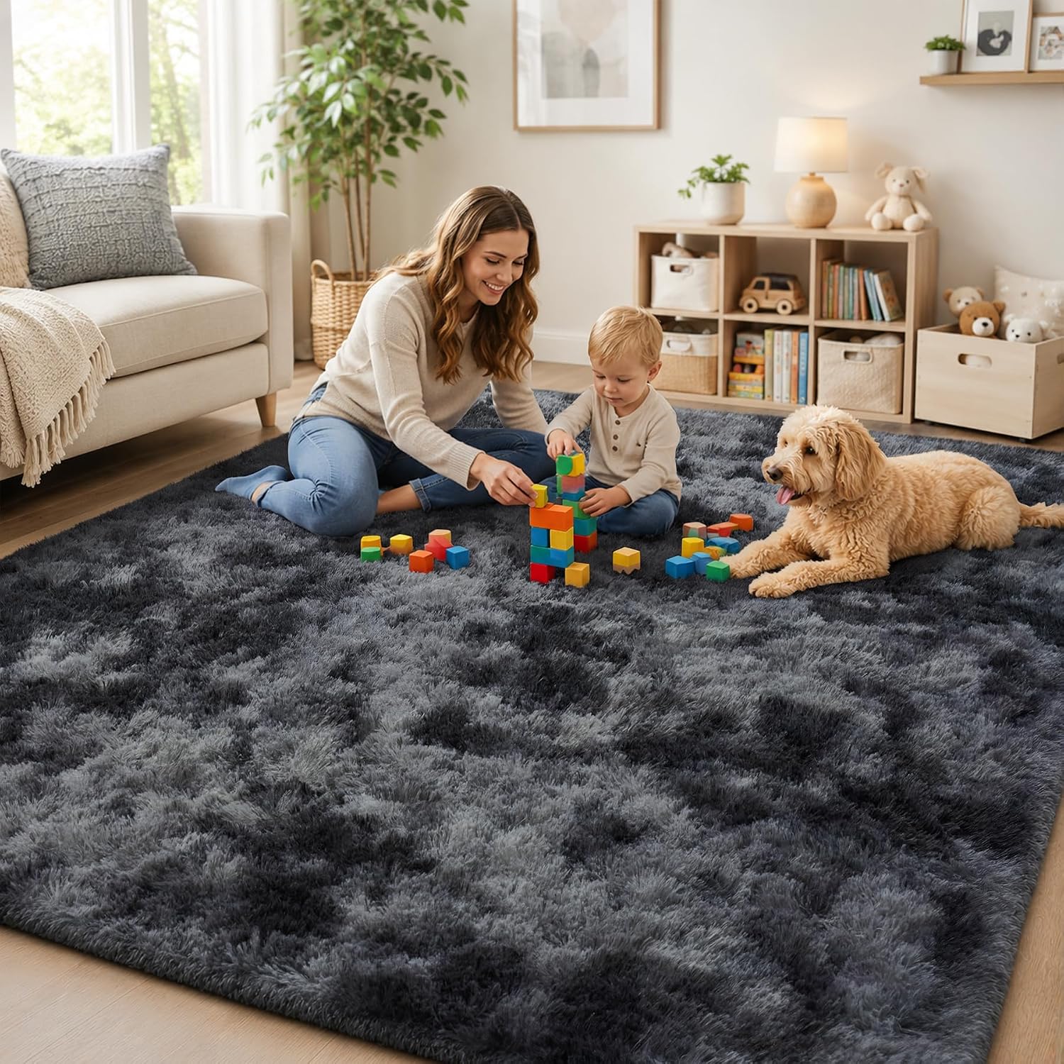 8x10 Area Rugs for Living Room Bedroom: Black Grey Soft Fluffy Shag Upgrade Non-Slip High Pile Carpet Large Fuzzy Plush Indoor Floor Decor Shaggy Rug for Kid Boys Girls Playroom Nursery Modern Home - Image 9