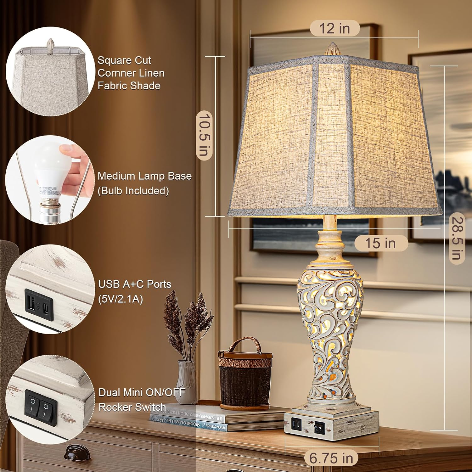 LuxSight Collection 28.5" Table Lamps Set of 2 - Bedside Lamp with Fabric Shades - for Bedroom and Living Room with USB and Nightlight - Perfect for Nightstands and Bedrooms - Image 2