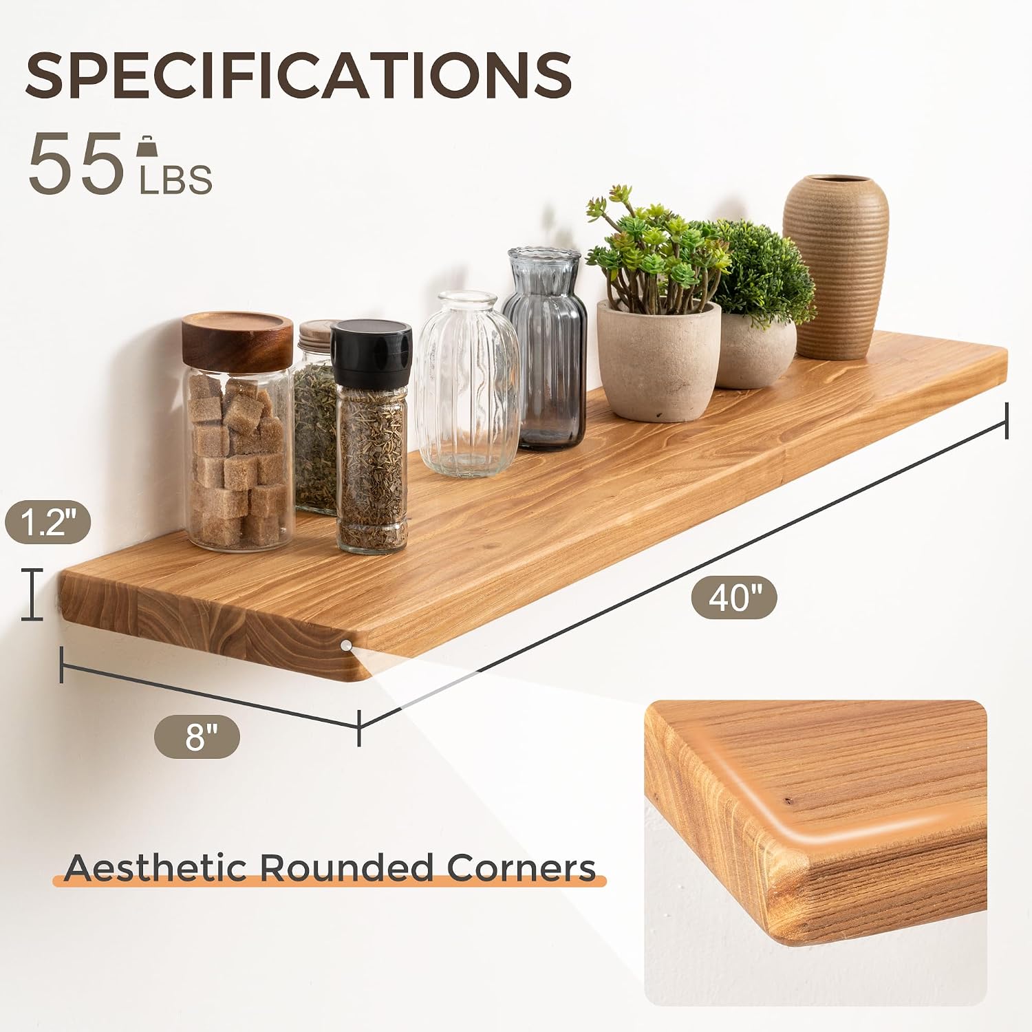 Floating Shelves 40"W x 8"D, Solid Elm Wood Shelves for Wall, 8 Inch Deep Floating Shelves for Home Storage & Display, Rustic Wooden Bathroom Shelves 40 Inch Long, Set of 2, Heavy-Duty Bookshelf - Image 3