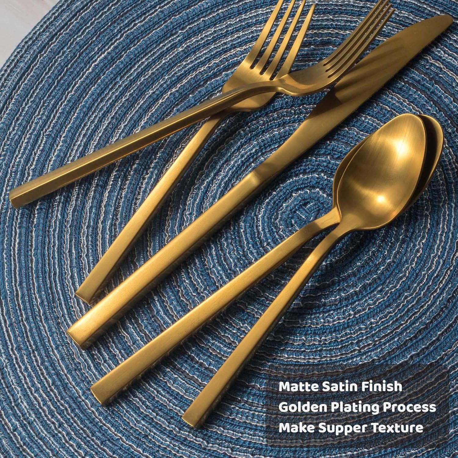 Alata Cube Gold 45-Piece Flatware Set, Forged Cutlery Set, Matte Gold Silverware Service for 8, Stainless Steel Tableware with Square Handle for Home/Restaurant, Dishwasher Safe - Image 3