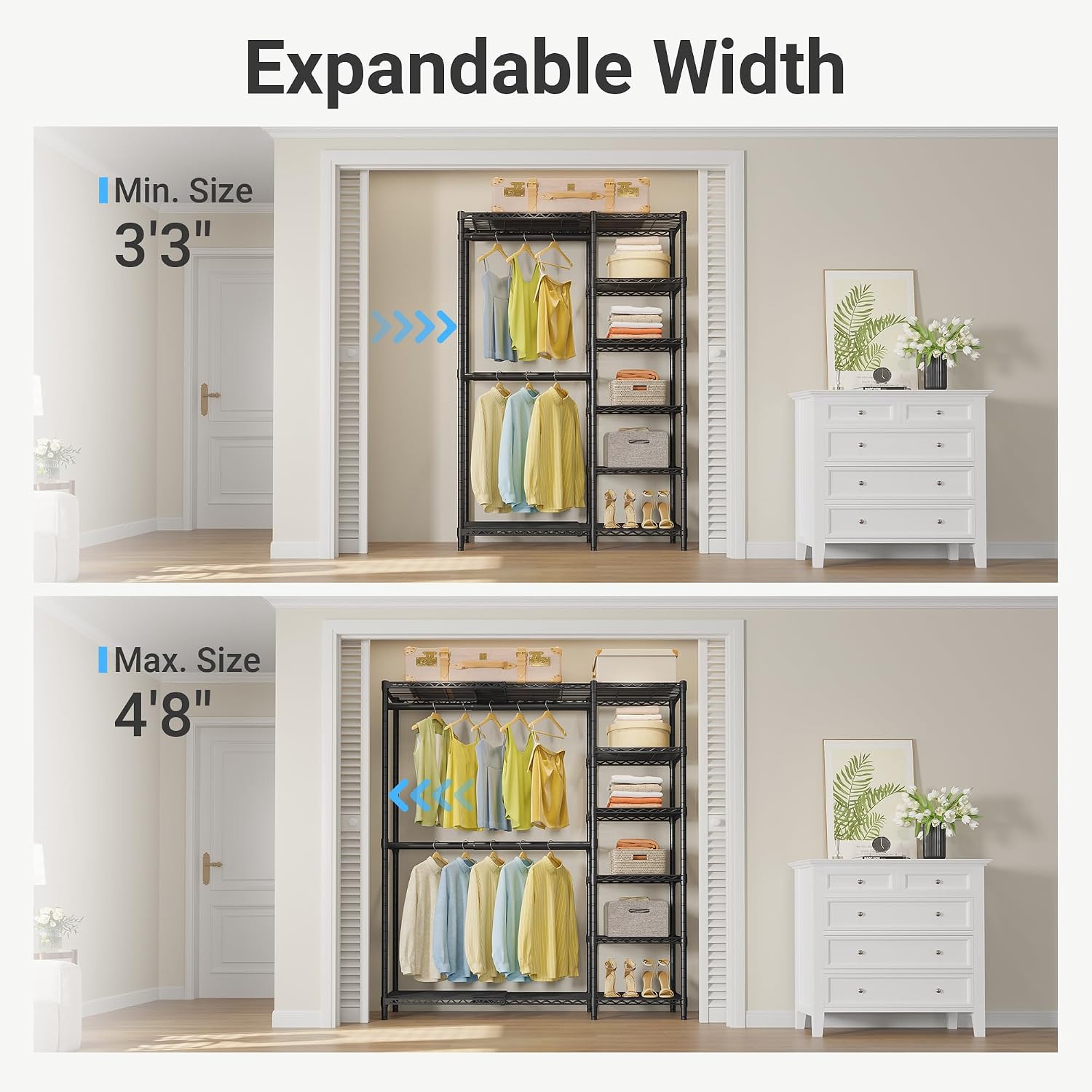 VIPEK X2 Expandable Reach-in Closet Racks Adjustable from 3'3" to 4'8" Portable Open Walk-in Closet Rack System with Flexible Shelves and Hanger Rods Clothing Rack for Hanging Clothes, Black - Image 2