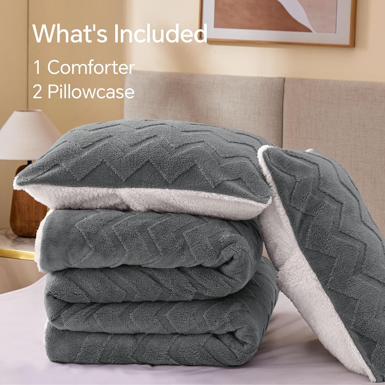 BEDELITE Fluffy Queen Comforter Set - Super Soft Sherpa Grey Comforter for Queen Size Bed, Luxury Warm Bedding Set for Winter, Fuzzy Bed Set 3 Pieces (1 Comforter, 2 Pillowcases) - Image 8