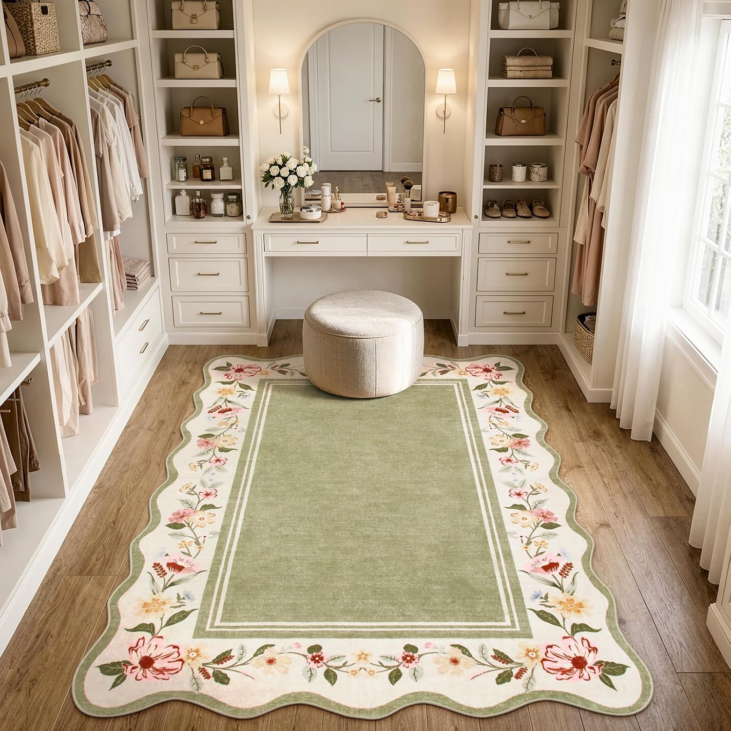 Lahome Floral Scalloped Rug 5x7, Green Rugs for Living Room Ultra-Thin, Vintage Boho Washable Area Rug 5x7 Soft Bedroom Rugs Non-Slip Throw Carpet for Farmhouse Dining Room Playroom Ariele - Image 4