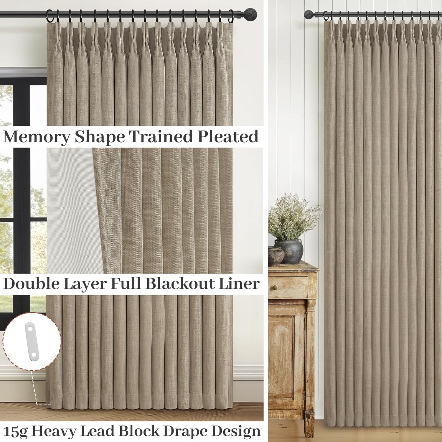 Pinch Pleated Drapes Linen Room Darkening Curtains 96 Inches Long for Bedroom, Taupe Black Out Floor to Ceiling Sound Dampening Double Layer Living Room Viral Windows Burg 2 Panels Set Burlywood Birch - Image 3