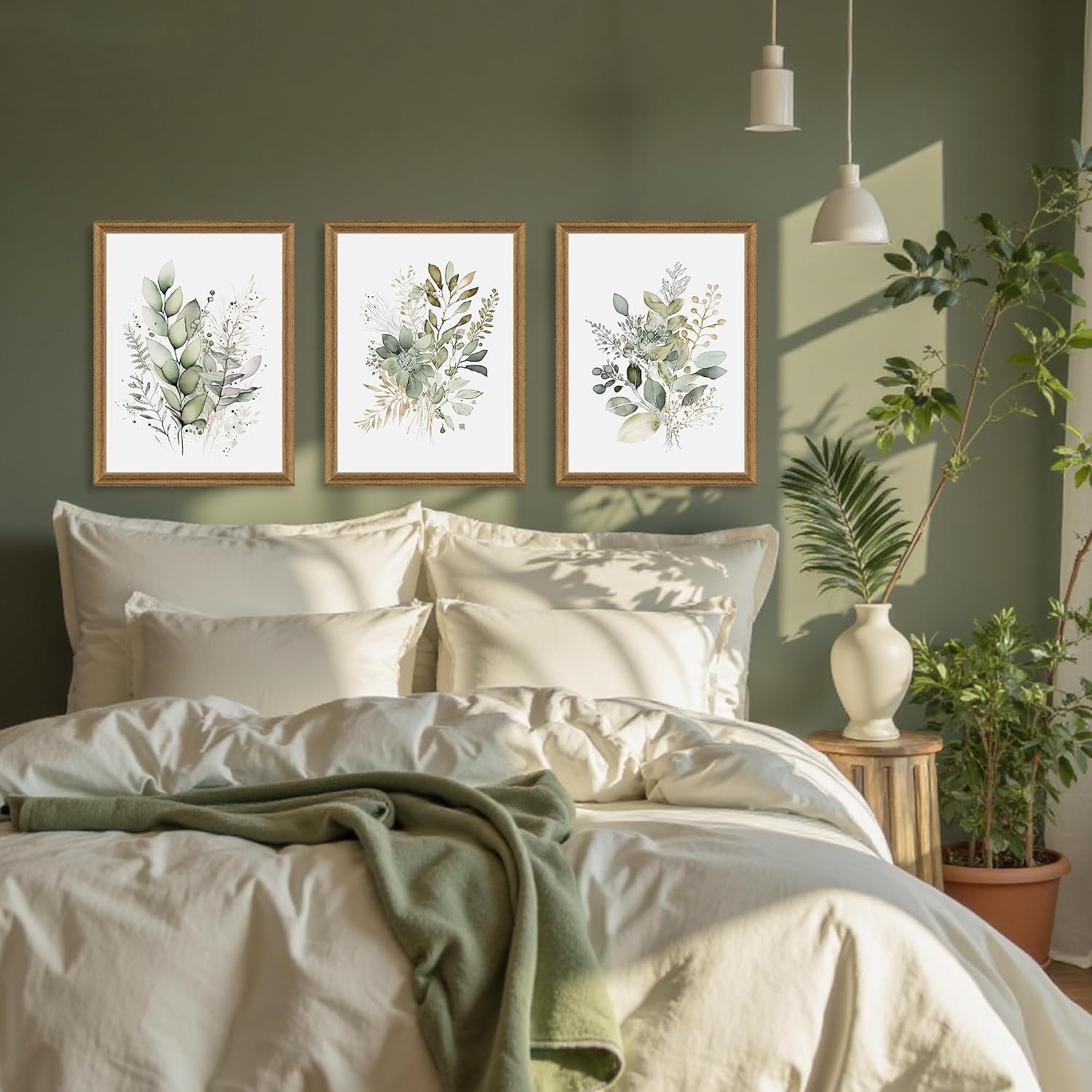 WRFON Framed Sage Green Botanical Wall Art Set of 3, Watercolor Eucalyptus & Wild Plant Canvas Prints, Minimalist Green Wall Decor for Living Room Bedroom Bathroom, 12x16 Inches - Image 4