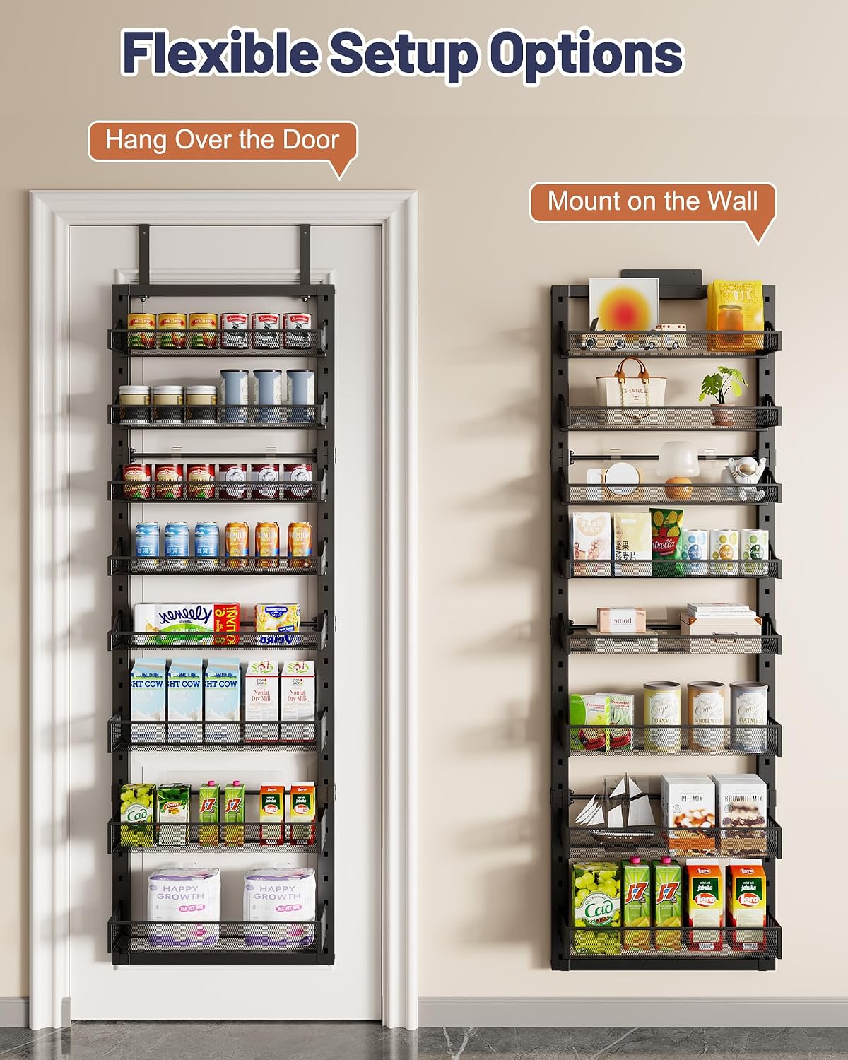 8 Tier Pantry Door Organizer, 2 IN 1 Over the Door Pantry Organizer with Metal Adjustable Baskets,Spice Rack Wall Mount or Door Organizer, Door Spice Rack for Pantry - Image 6