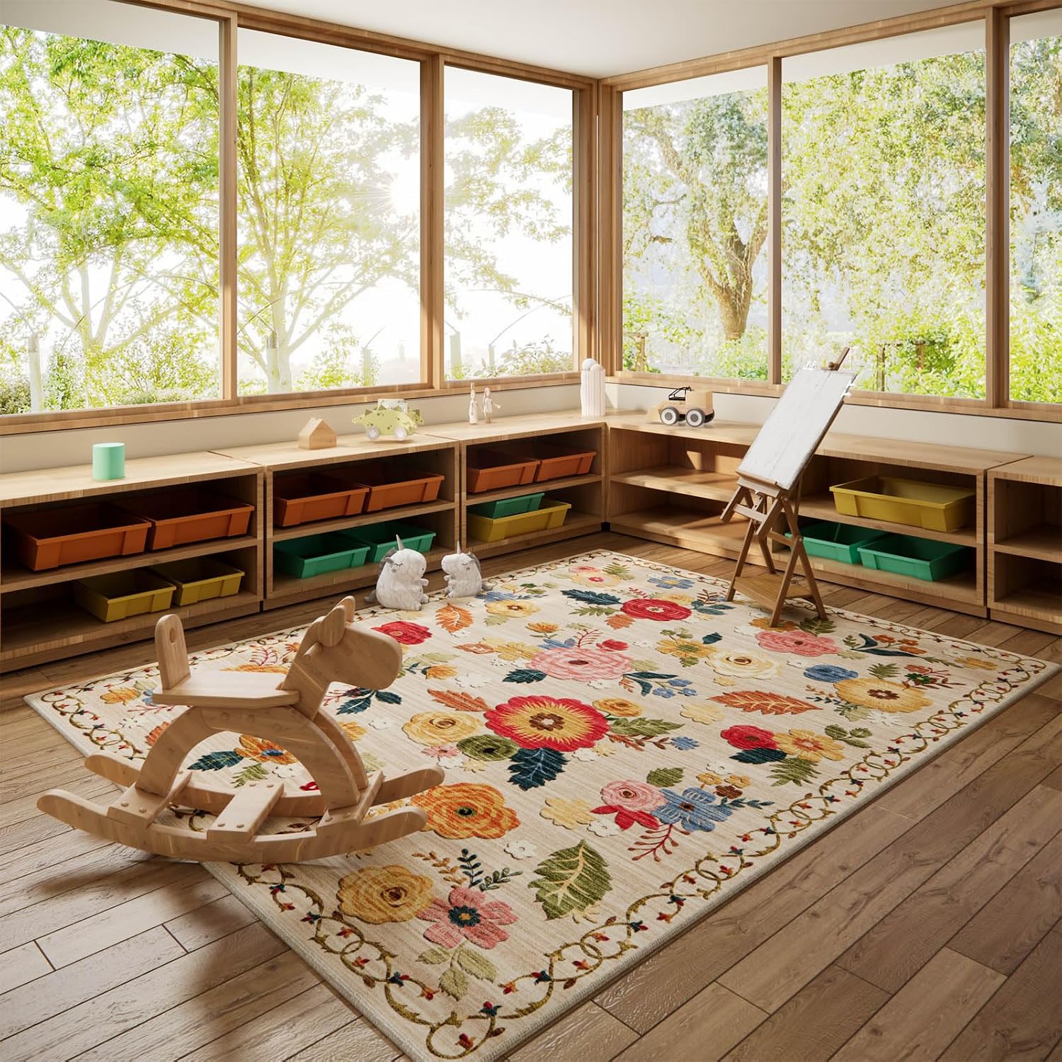 8x10 Area Rugs for Living Room: Washable Rug Non Slip Low Pile Soft Faux Wool Non Shedding Distressed Vintage Floral Large Area Rugs for Bedroom Dining Room Nursery Under Table Farmhouse Home Office - Image 3