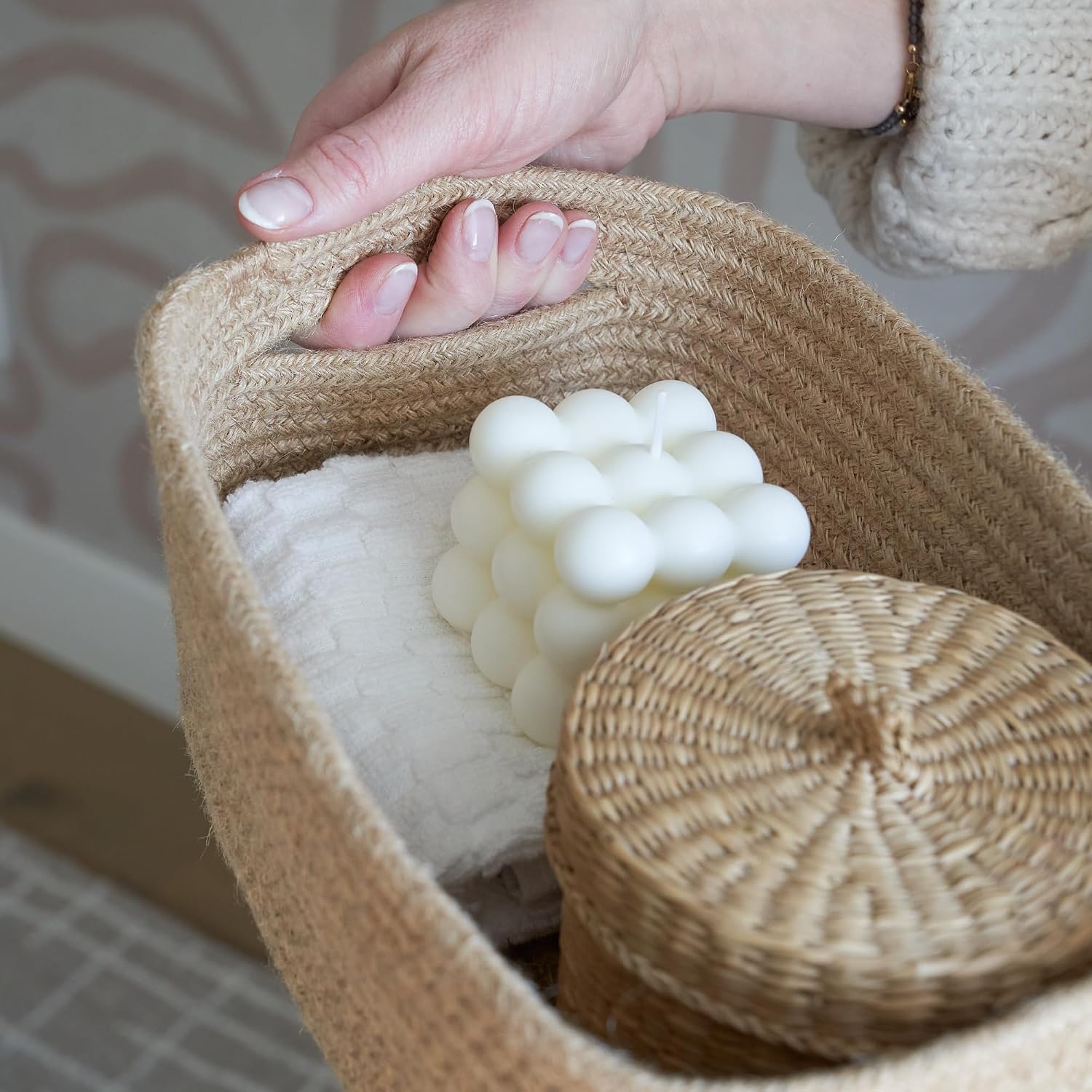 Beautiful Storage Basket Set of 3 - Sturdy Jute Rope Baskets for Shelves Are Perfect for Organizing Your Home - Quality Storage Bins Easily Fit With Any Nursery or Bedroom Decor - Image 5