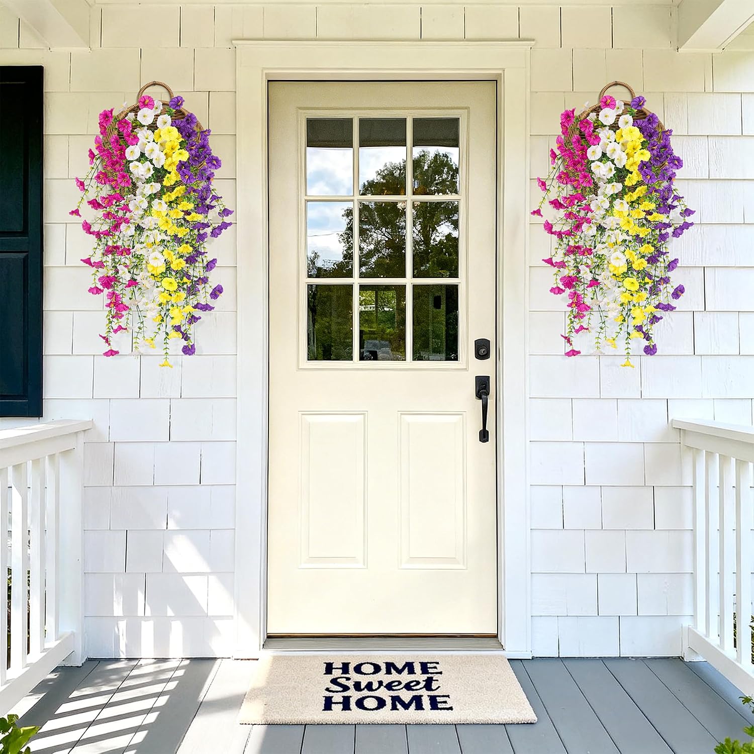 Artificial Hanging Petunias Flowers for Outdoor, 8pcs Fake Plants Long Vine Morning Glory Eucalyptus, UV Resistant Realistic Faux Greenery Outside Patio Porch Garden Spring Summer Decor, Mix Color - Image 8