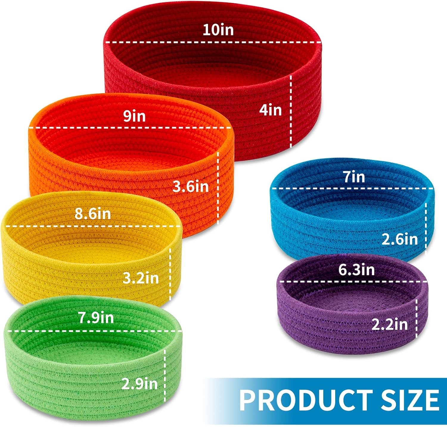Small Shelf Storage Baskets for Organizing, 6 Pack Round Cotton Rope Bins, Decorative and Cute Woven Baskets for Bedroom and Closet, Key Tray Bowl, Home Decor Countertop Organizer (Rainbow) - Image 2