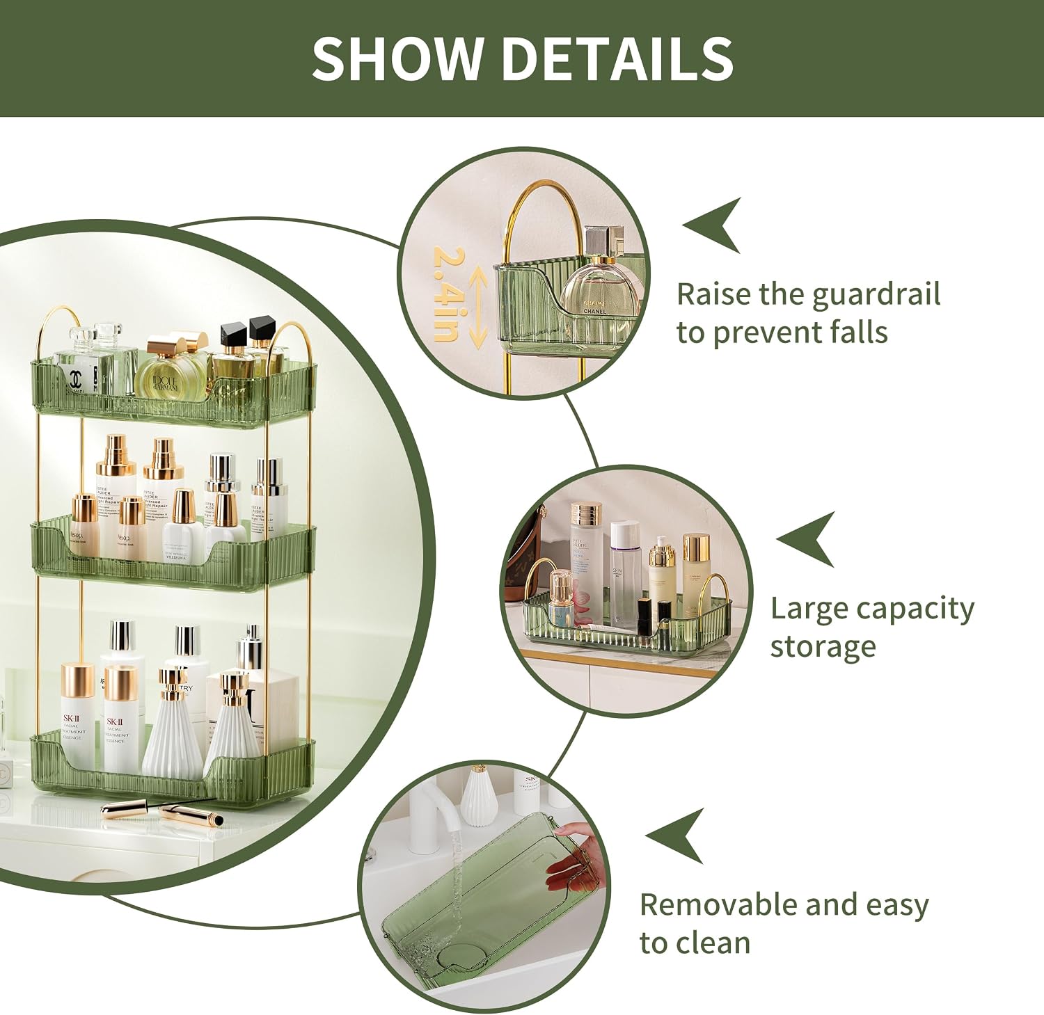 Akinbas 3 Tier Bathroom Organizer Countertop Makeup Perfume Tray Skincare Organizer for Bathroom Dresser Vanity (Green) - Image 5