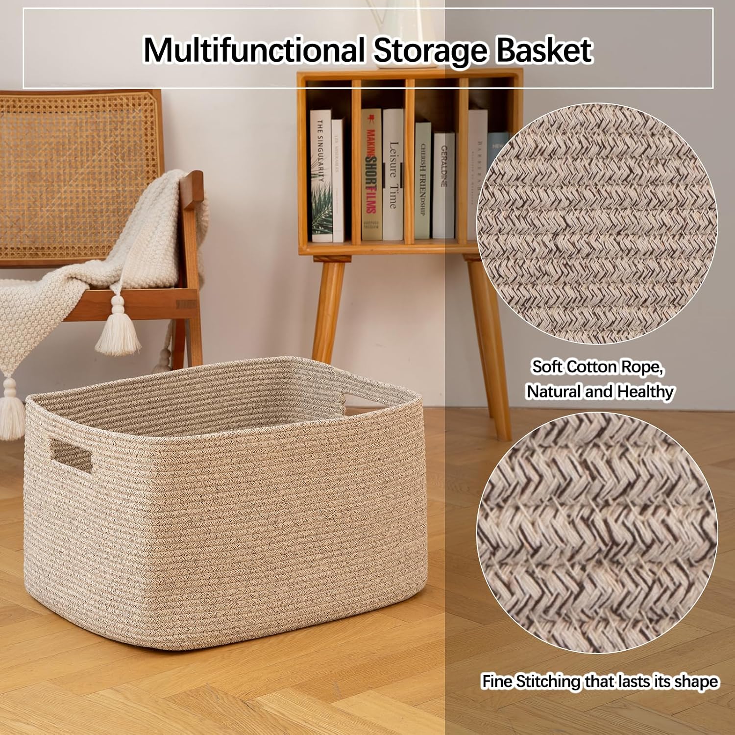 OIAHOMY 75L Large Woven Cotton Rope Storage Basket with Handle for Organizing Blanket and Toys for Living Room, Nursery, Brown Variegated 22”x17”x12” - Image 8