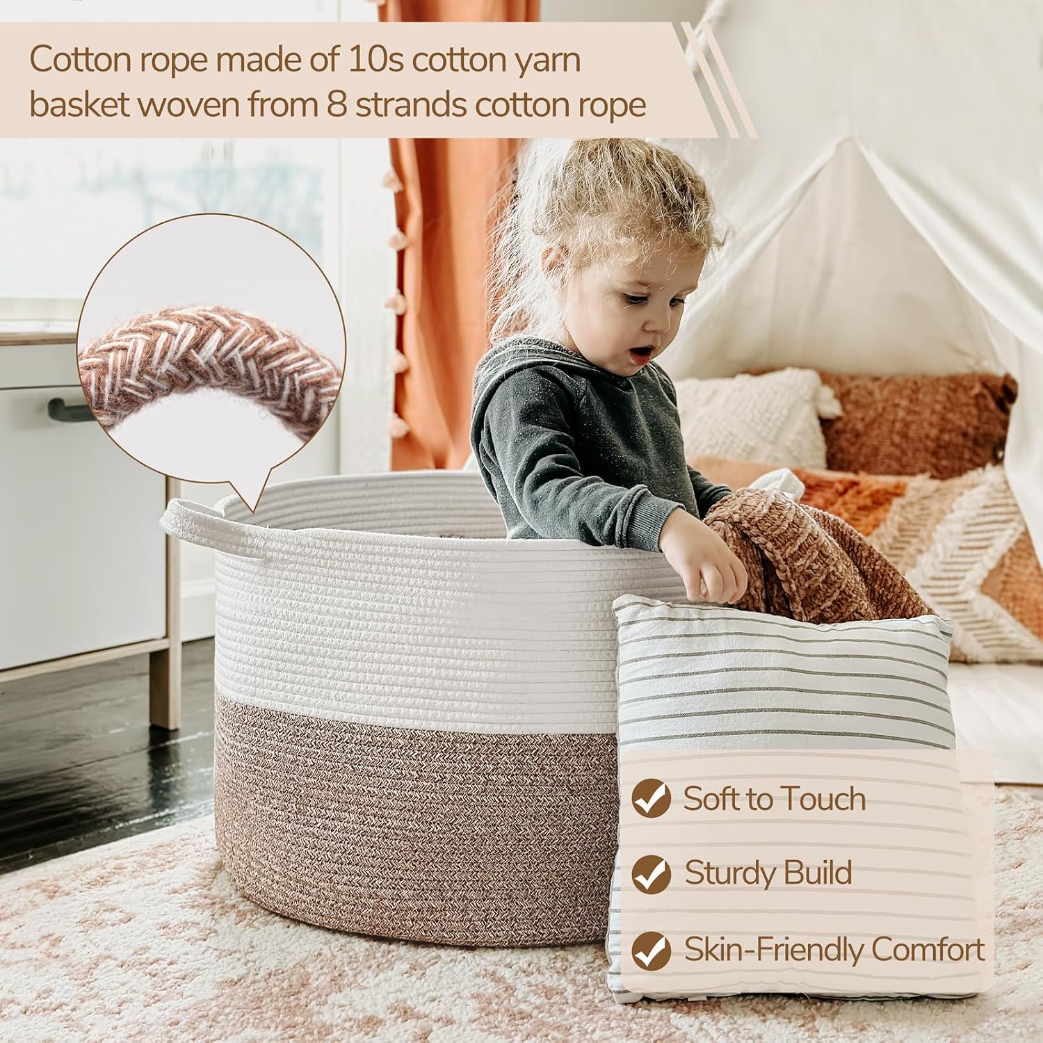INDRESSME XXXLarge Blanket Basket for Living Room 21.7" x 21.7" x 13.8"-Storage Basket with Handle for Organizing Toy Pillows Woven Cotton Rope Laundry Basket Stuffed Animal Toy Storage for Play Room - Image 4