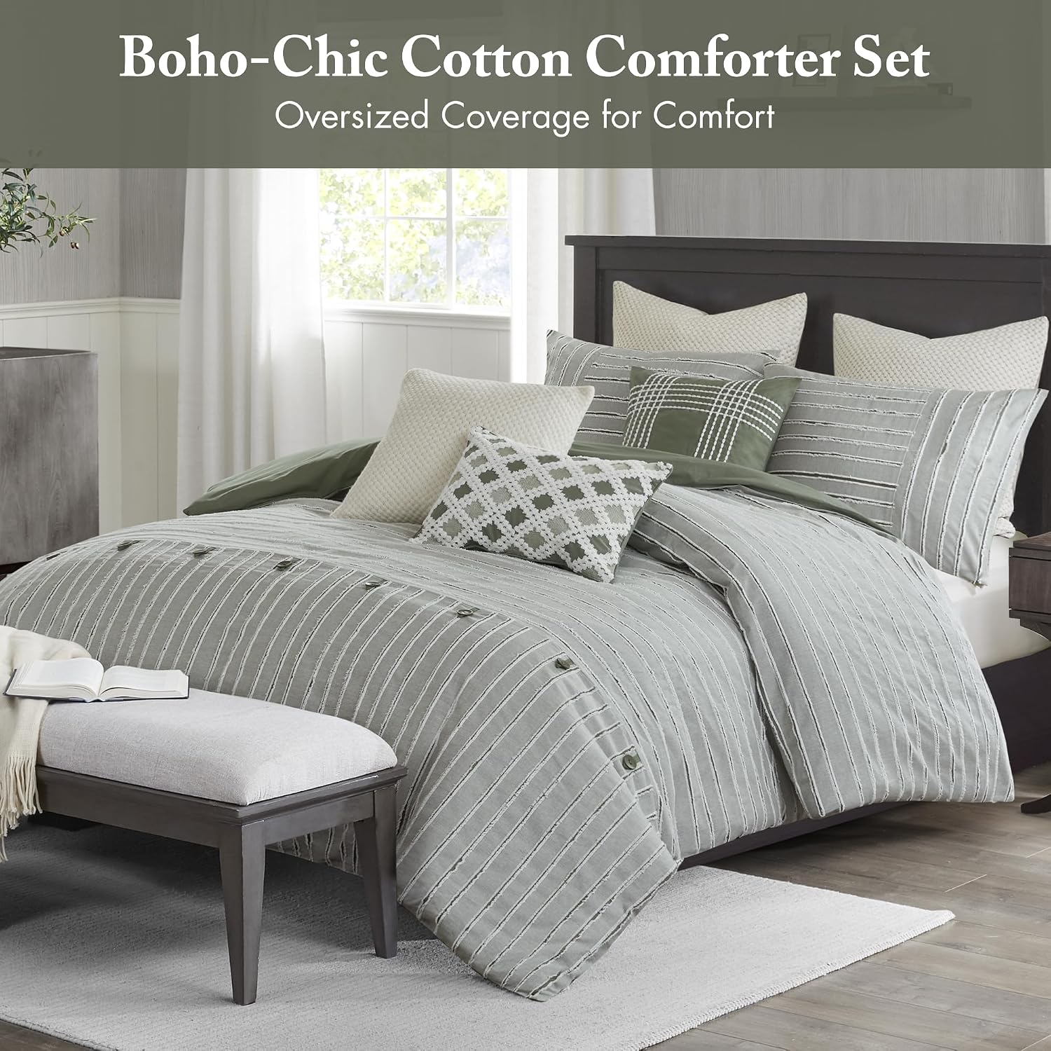 Madison Park Comforter Set Cotton Clipped Jacquard, Oversized Comforters, All Season Down Alternative Overfilled King Size Comforter, Essence, Green 9 Piece - Image 2
