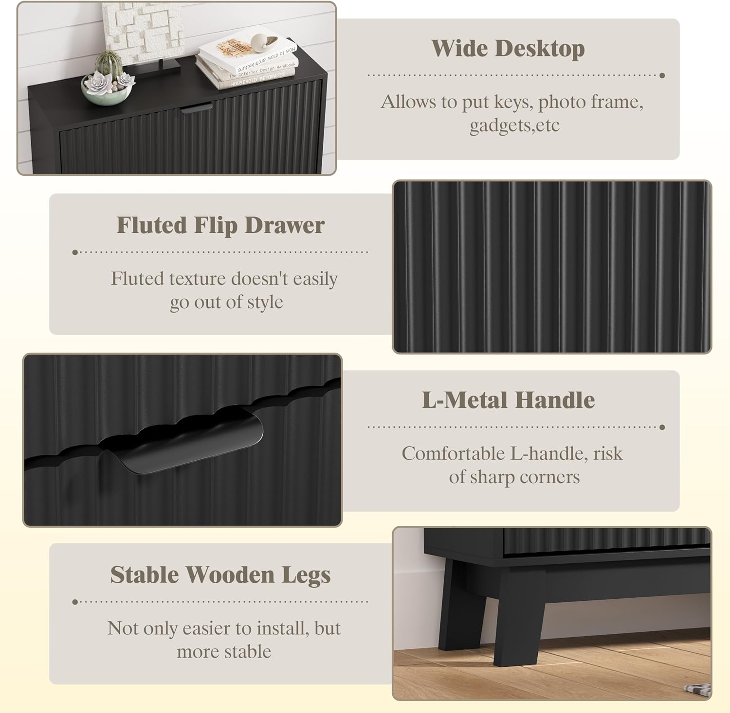 HUANLEGO Shoe Cabinet Storage for Entryway with 2 Flip Drawers, Fluted Narrow Shoe Organizer with Wooden Legs, Freestanding Slim Shoe Storage Hidden Shoe Rack Organizer for Front Door Entrance, Black - Image 5
