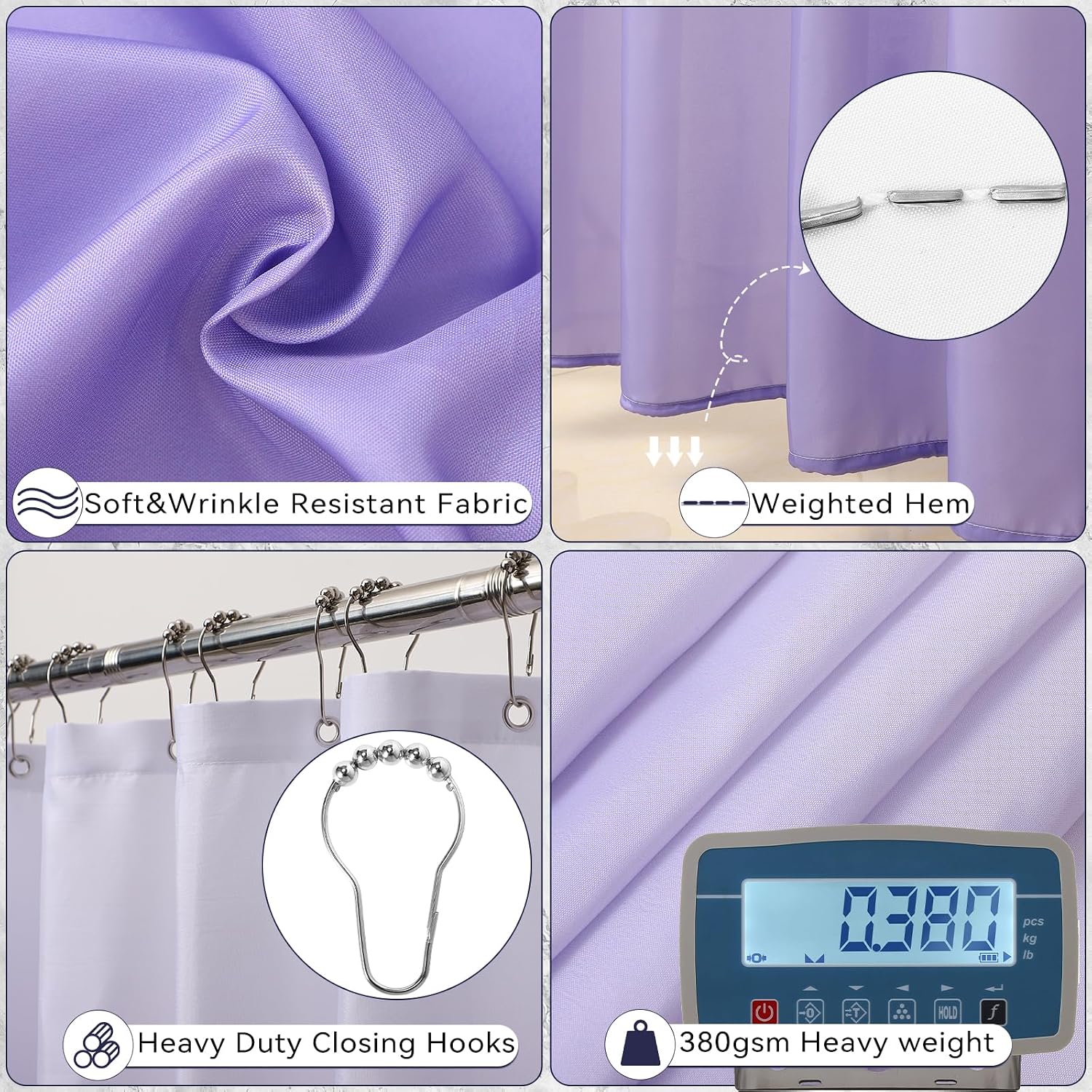 XLHOMO Bathroom Accessory Set–Bathroom Sets with Shower Curtain and Rugs, Non Slip Bathroom Rugs Super Absorbent, Light Purple Ombre Shower Curtain with Hooks, Lavender Bathroom Sets Complete for Home - Image 5