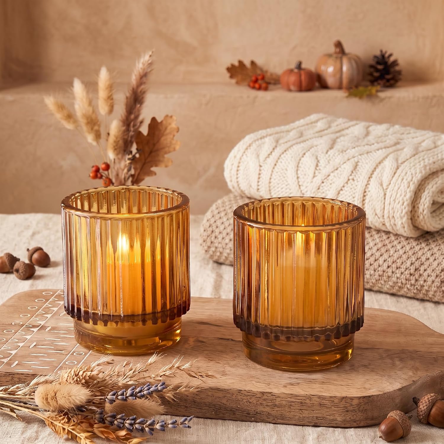 Kate Aspen Vintage Glass Tealight & Amber Votive Candle Holders (Set of 6) Rustic Fluted Candle Holder Set, Boho Home Decor, Wedding Table Centerpieces, Farmhouse Kitchen Table Decor - Image 2