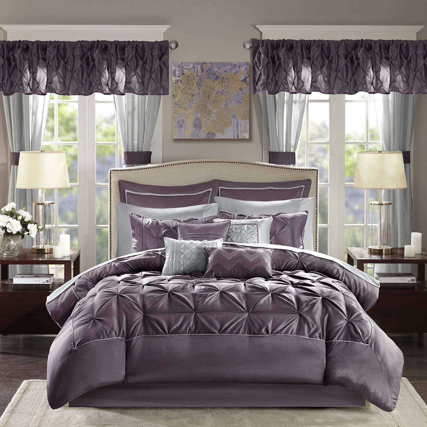 Madison Park Essentials Queen Comforter Set, 24 Piece Bedding With Matching Curtains, Decorative Pillows, Luxe Diamond Tufting , Room in a Bag Joella Collection, Plum Queen - Image 17