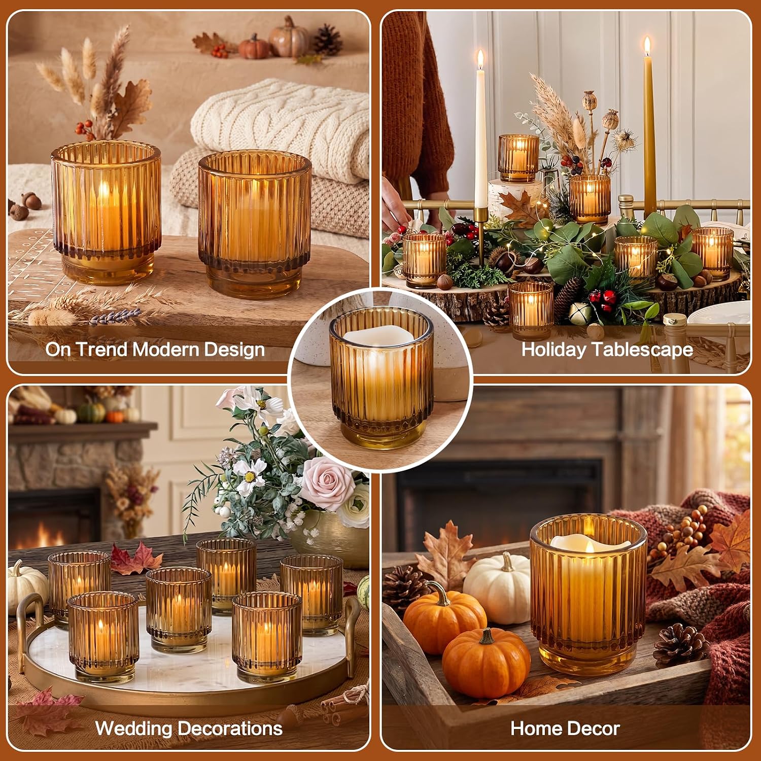 Kate Aspen Vintage Glass Tealight & Amber Votive Candle Holders (Set of 6) Rustic Fluted Candle Holder Set, Boho Home Decor, Wedding Table Centerpieces, Farmhouse Kitchen Table Decor - Image 5